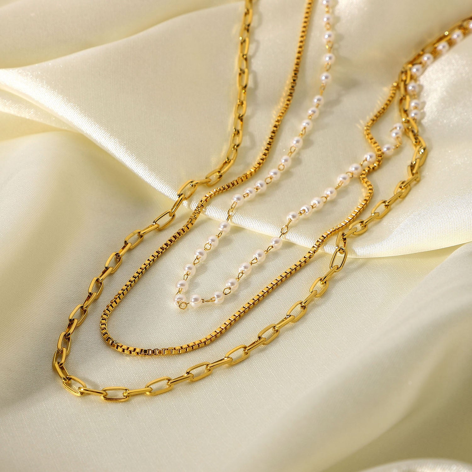 18K Gold Multi Layer Box Chain Necklace with Pearl Beads - Elegant Layered Jewelry for Women | Perfect for Weddings, Parties & Special Occasions | JDN20667