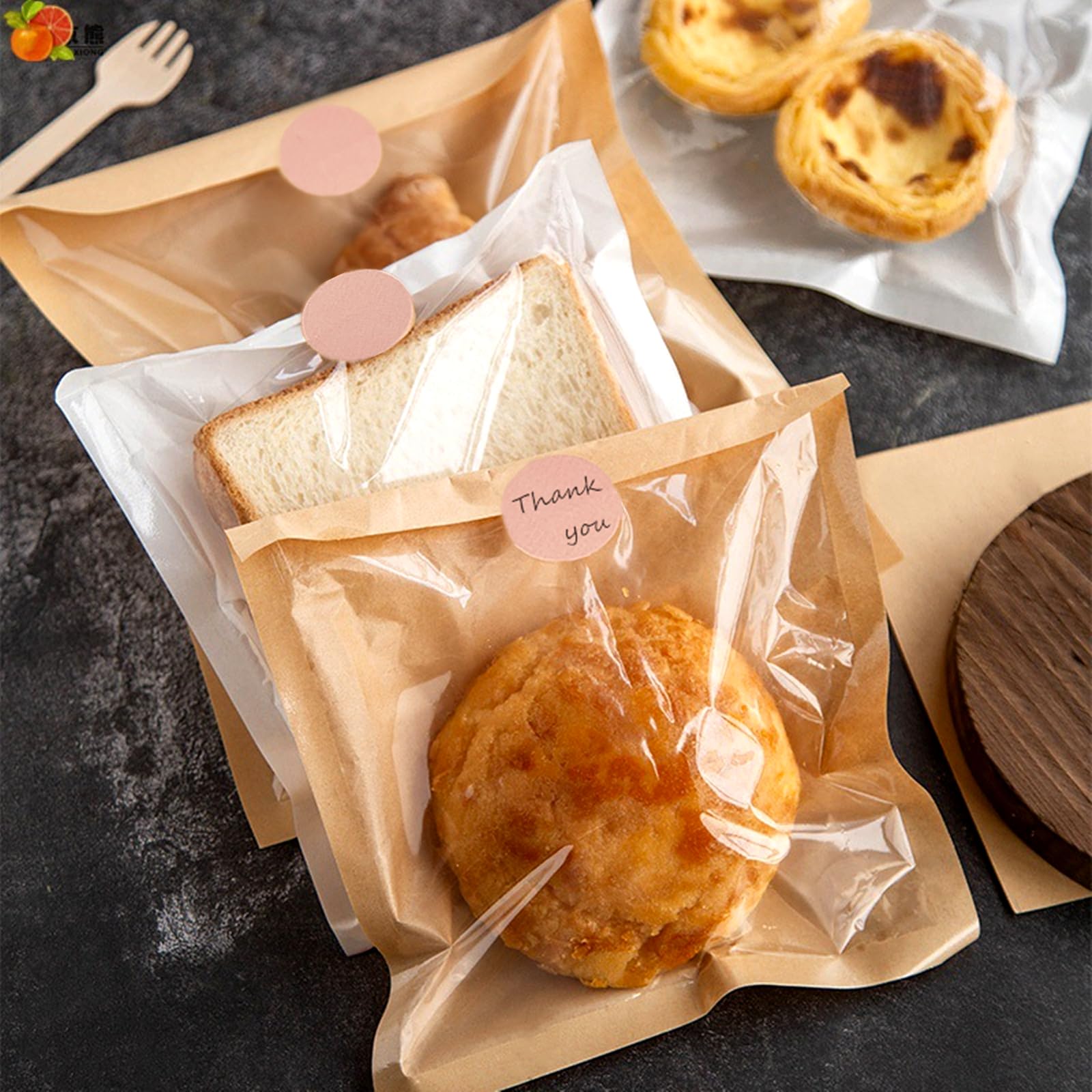 Ocmoiy 200 Count Heat-Sealable Bakery Bags with Clear Window - 7.1x7.5 Inch Grease-Resistant Paper Treat Bags for Cookies, Donuts & Egg Sandwiches | Perfect for Bakery Packaging, Takeout & Food Storage