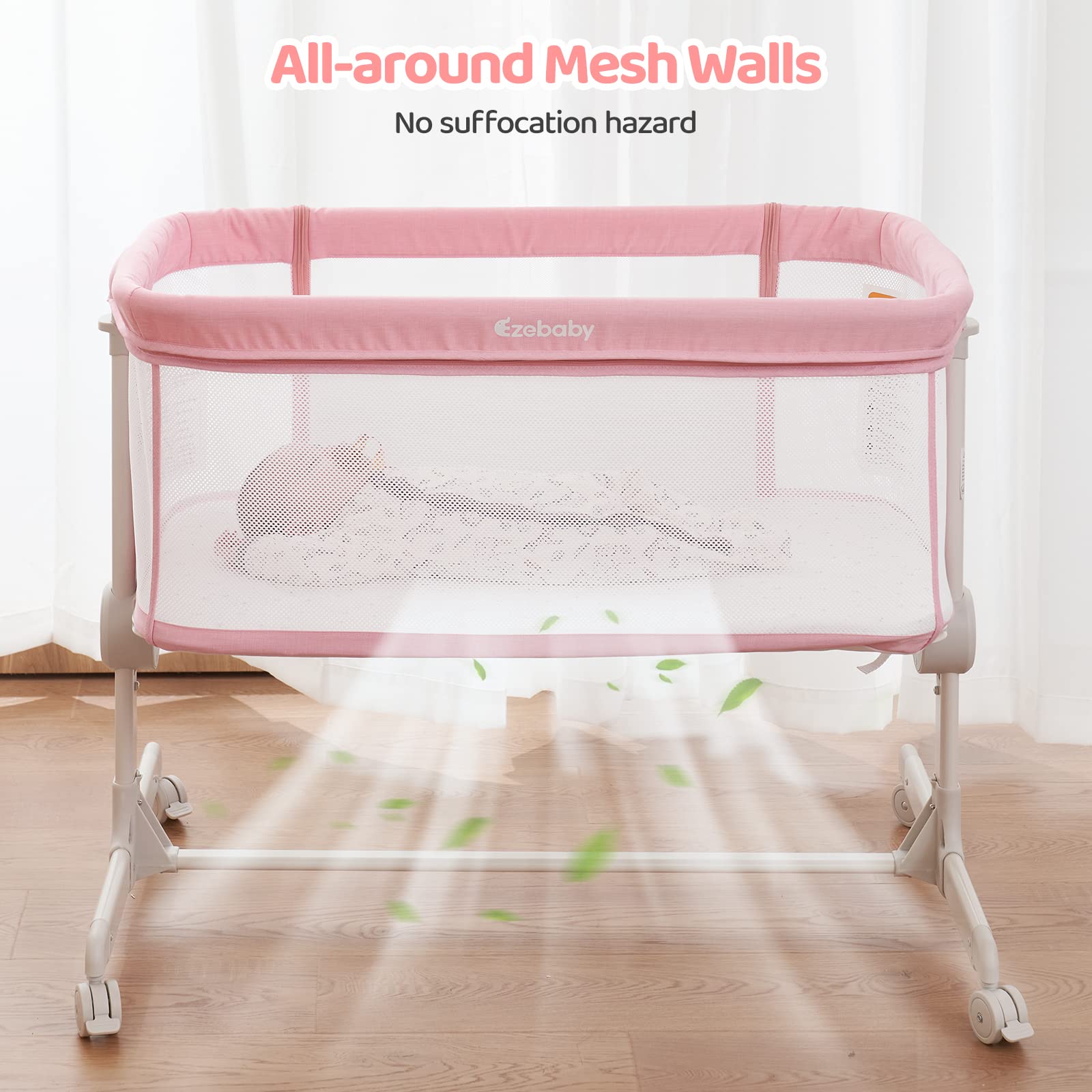Ezebaby Portable Baby Bassinet Bedside Sleeper - Adjustable 7 Height Levels, Breathable Mesh Sides with Included Mattress & Sheet - Perfect for Newborns & Infants - Ideal for Nursery, Bedroom Co-Sleeping & Travel