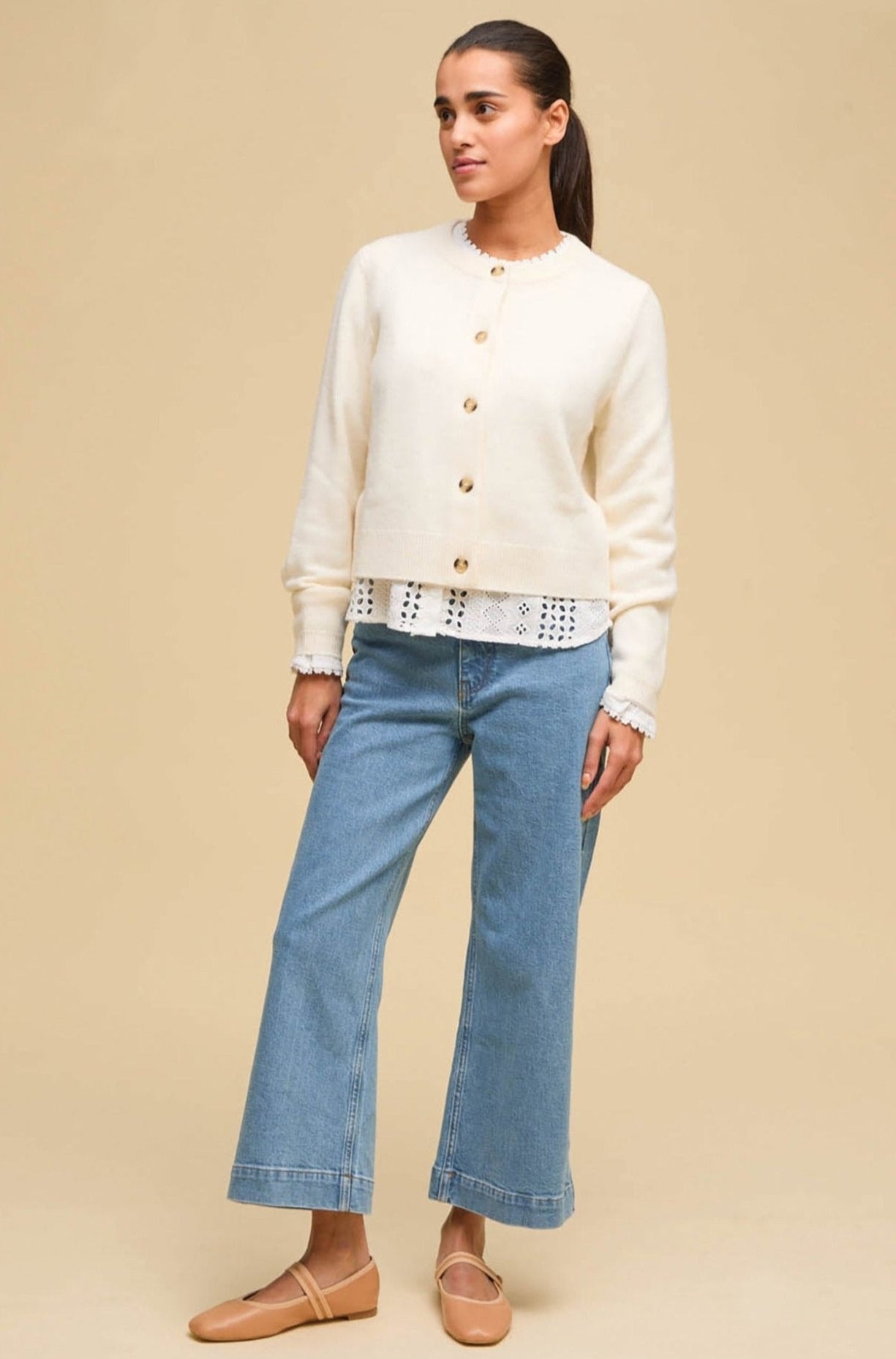 Premium Merino Wool Brittany Cardigan for Women - Soft Cream Knit Sweater | Perfect for Fall & Winter Layering, Office Wear & Casual Outfits