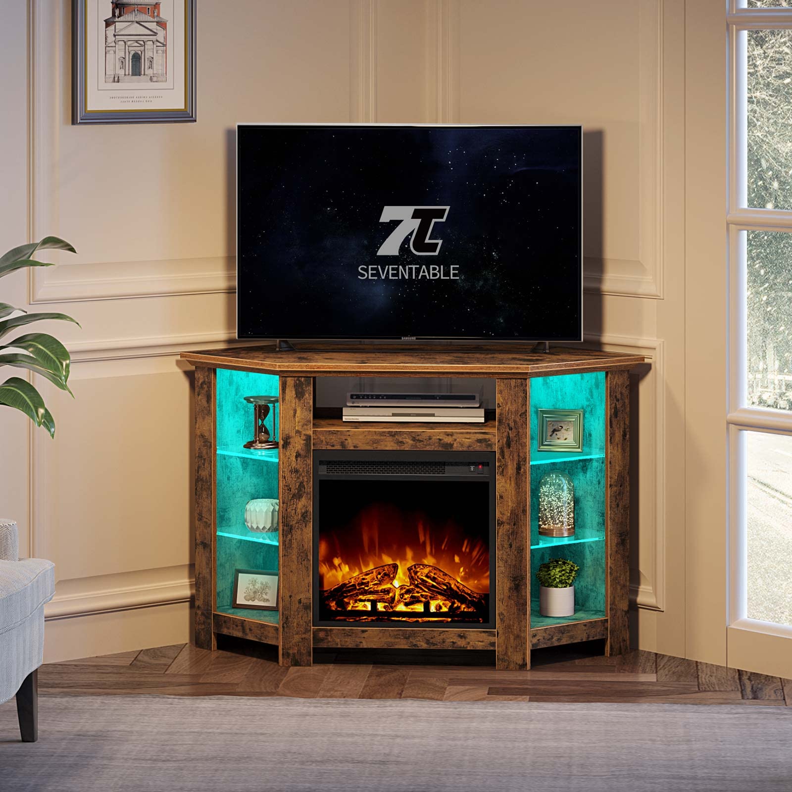 Rustic Brown Fireplace Corner TV Stand for 43