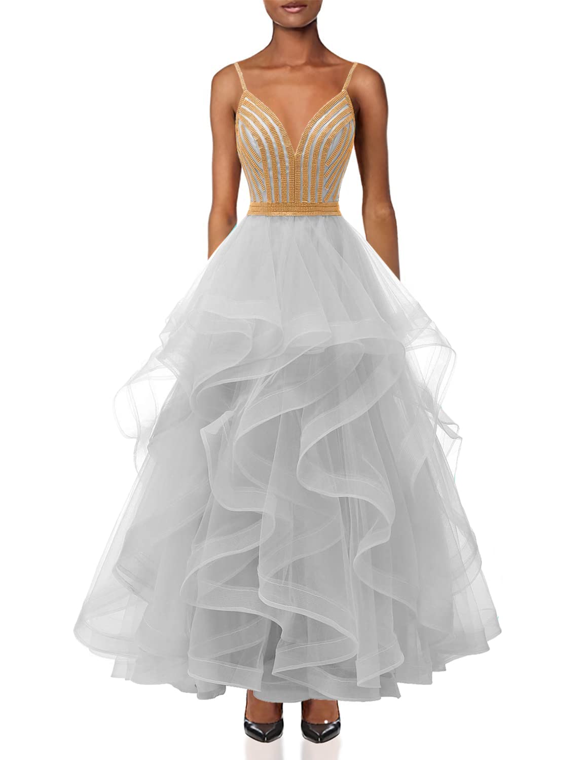 Chupeng Women's Gold Crystal Tiered Tulle Prom Dress - Elegant Spaghetti Strap Long Formal Evening Gown for Cocktail Party, Ball, Homecoming & Wedding Guest (Perfect for Prom Night, Quinceañera, Black Tie Events)