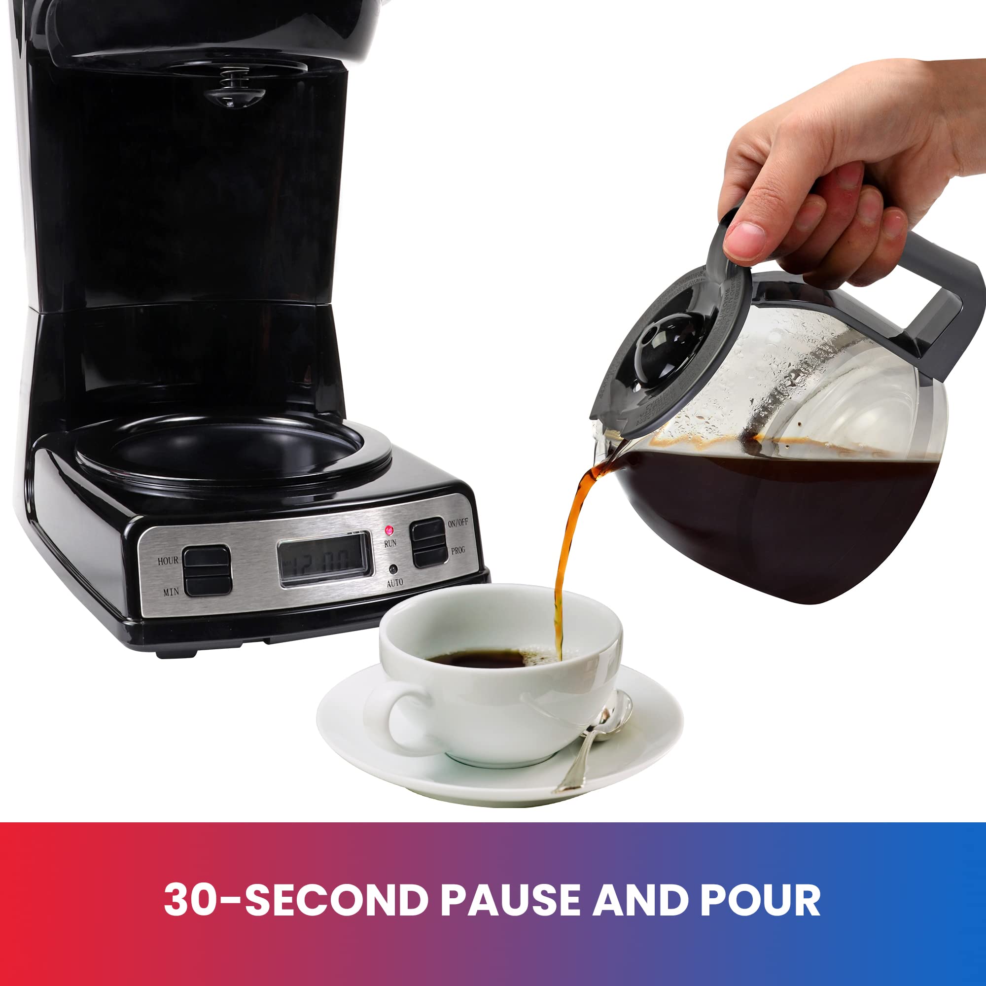 Koolatron Total Chef 12 Cup Programmable Drip Coffee Maker with Glass Carafe & Reusable Filter - Black & Silver - Perfect for Home, Office, and RV Use