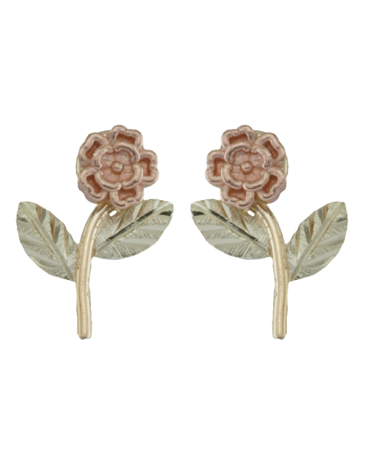 10K Yellow Gold Rose Flower Earrings with 12K Green & Rose Gold Black Hills Gold Motif - Elegant Floral Jewelry for Women, Perfect for Weddings, Parties & Special Occasions