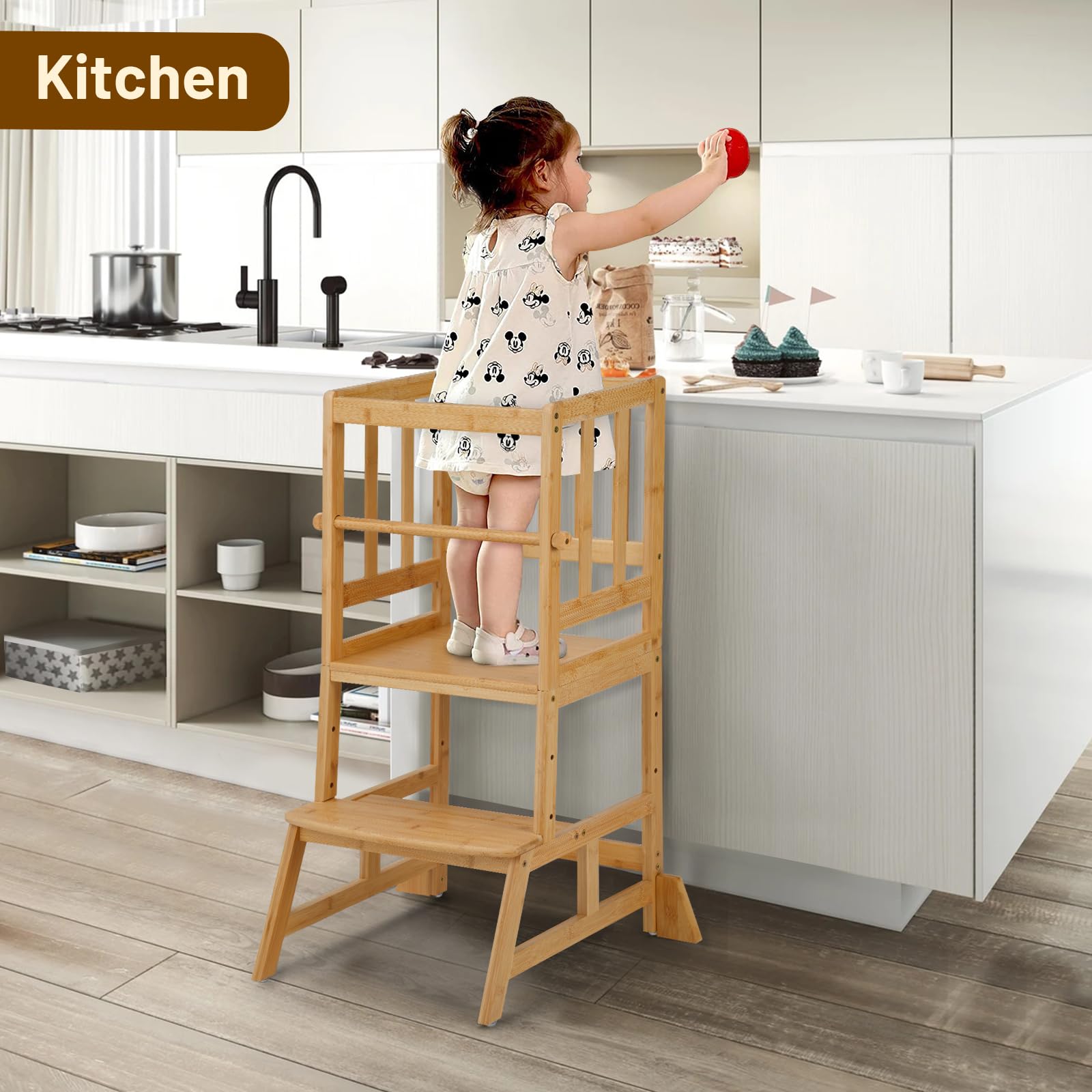 **COSYLAND Adjustable Toddler Step Stool - Natural Bamboo Learning Tower with Safety Rail for Kitchen, Playroom & Montessori - Lightweight & Sturdy Helper Stand for Kids**