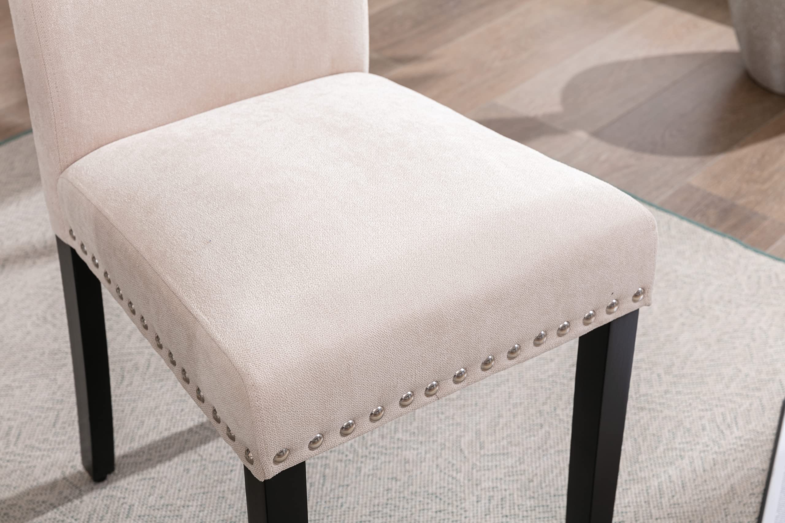 GOTMINSI Upholstered Fabric Dining Chairs Set of 2 - Padded Parson Chairs with Solid Wood Legs & Silver Nail Trim, Beige | Perfect for Kitchen, Dining Room & Living Room Seating