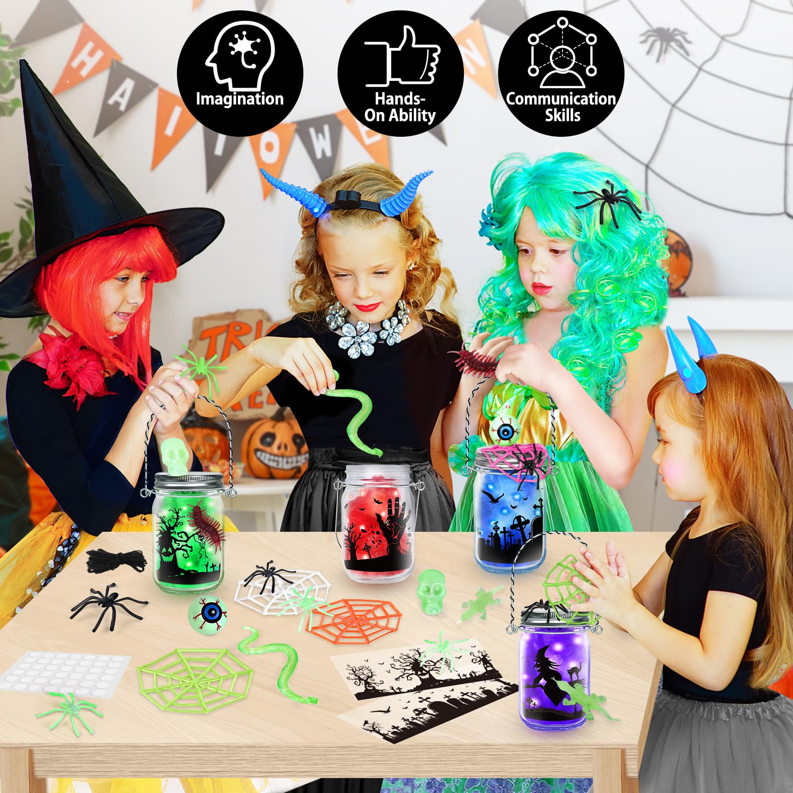 SpringFlower Halloween Craft Kit - 4 Pack Mason Jar Lanterns DIY Supplies for Kids & Adults | Creative Art Activities, Party Decorations & Spooky Home Decor