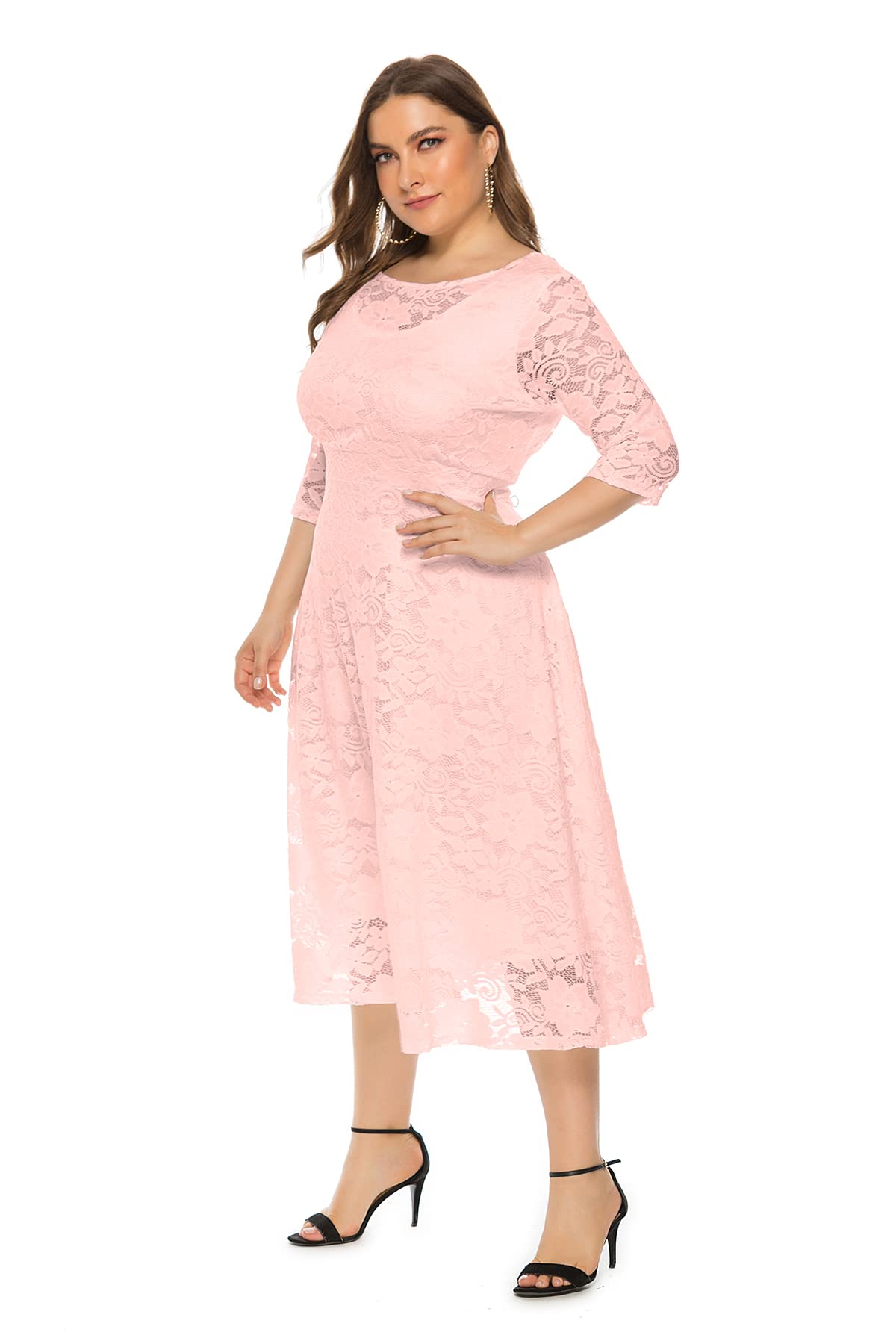 Eternatastic Women's Floral Lace Plus Size Midi Dress - Scoop Neck Cocktail Party Dress for Wedding Guest, Evening Events & Special Occasions