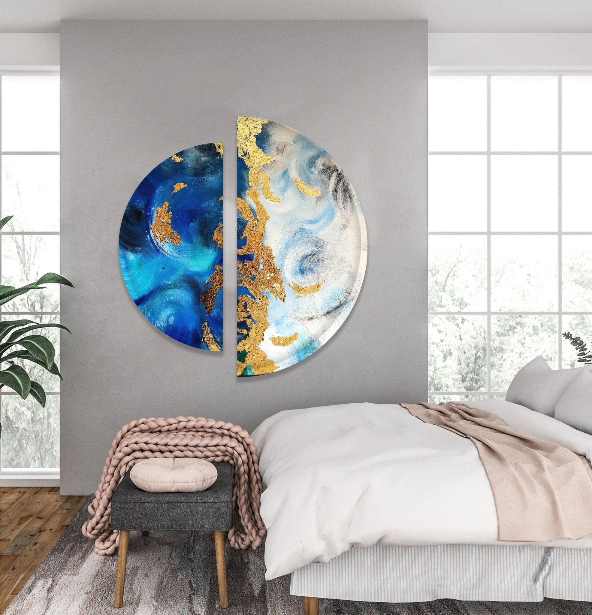 2 Piece Blue and Gold Abstract Glass Wall Art Set - Modern Home Decor for Living Room, Bedroom, or Office
