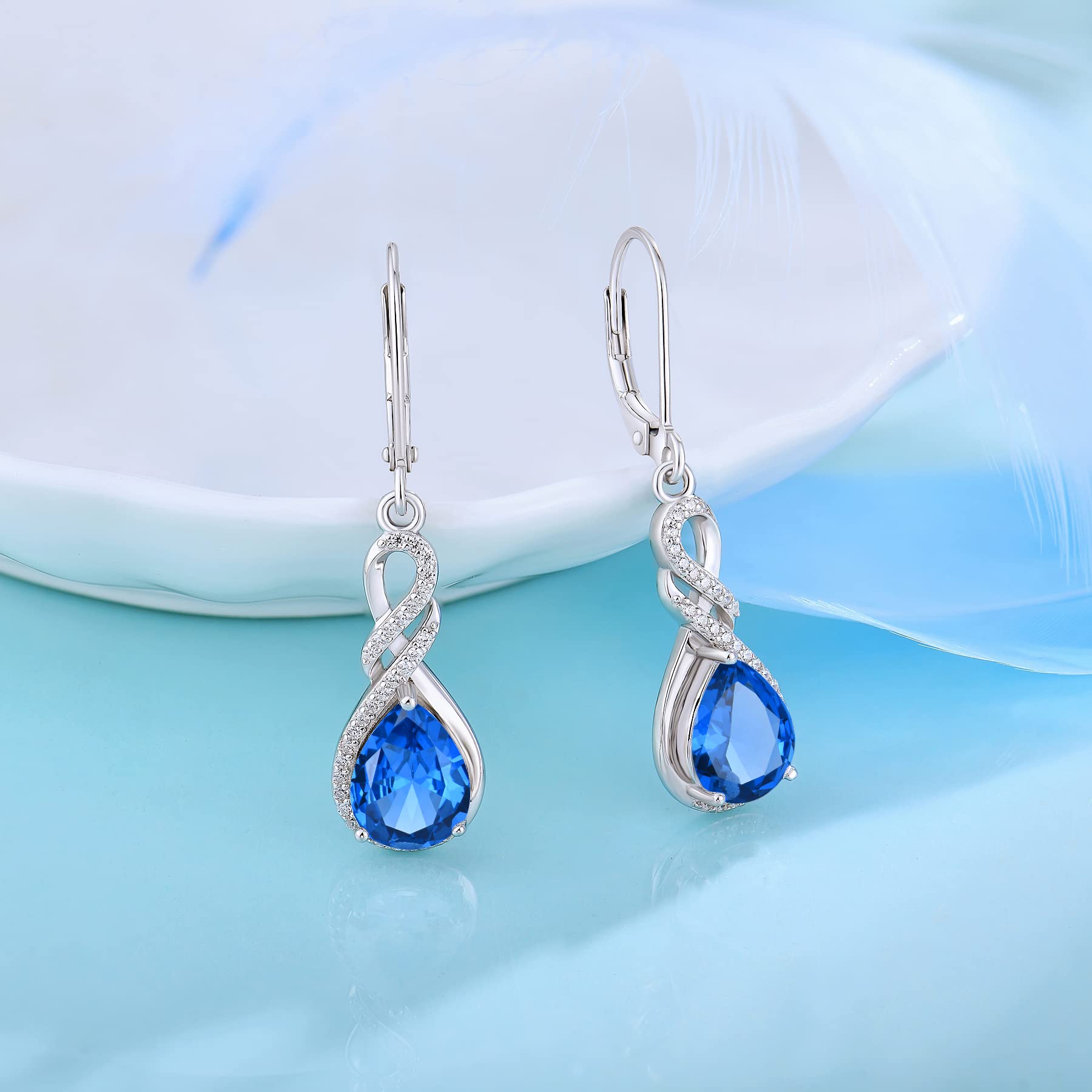 CZ Teardrop Earrings for Women - 925 Sterling Silver Infinity Leverback Earrings with Birthstone, 7x9mm Dangle Drop Jewelry - Perfect Birthday Gift for Wife, Her, Women | Elegant for Parties, Weddings, Date Nights