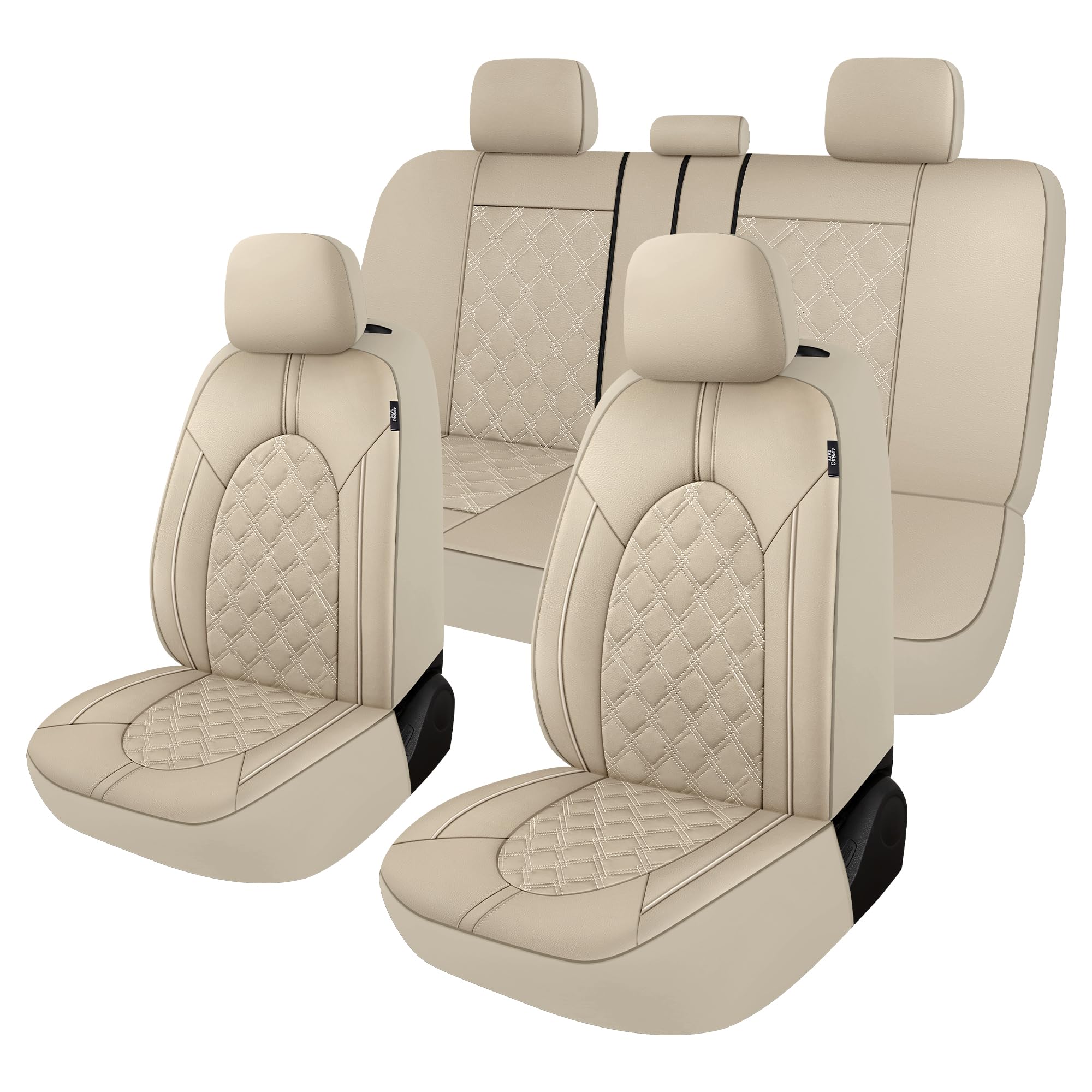 Premium PU Leather Car Seat Covers Full Set - Waterproof Universal Fit for Sedans, SUVs & Trucks (Beige/Beige Line) | Split Bench Design | Perfect for Daily Commute, Road Trips & Vehicle Protection