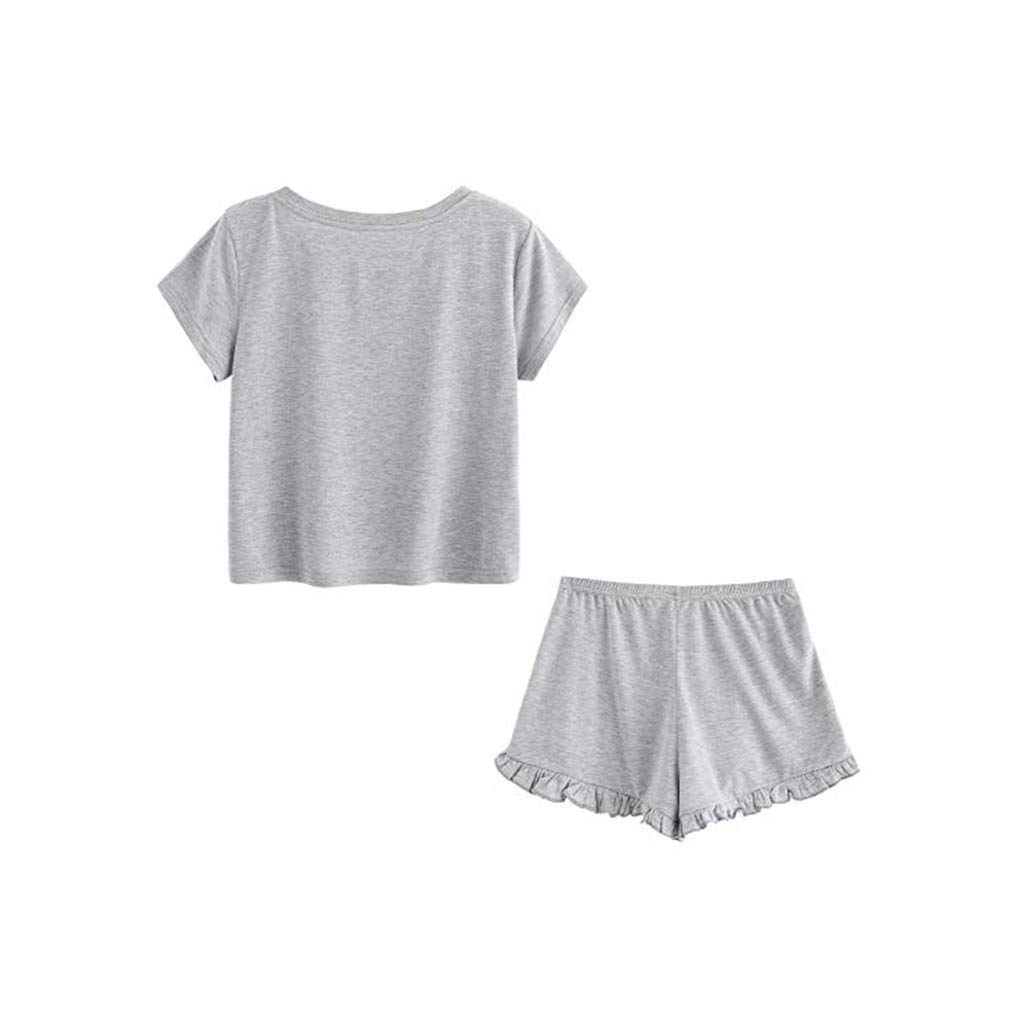 Women's Casual Cat Print Short Sleeve T-Shirt & Ruffled Shorts Pajama Set - Cute Sleepwear for Lounge, Nightwear & Home Relaxation
