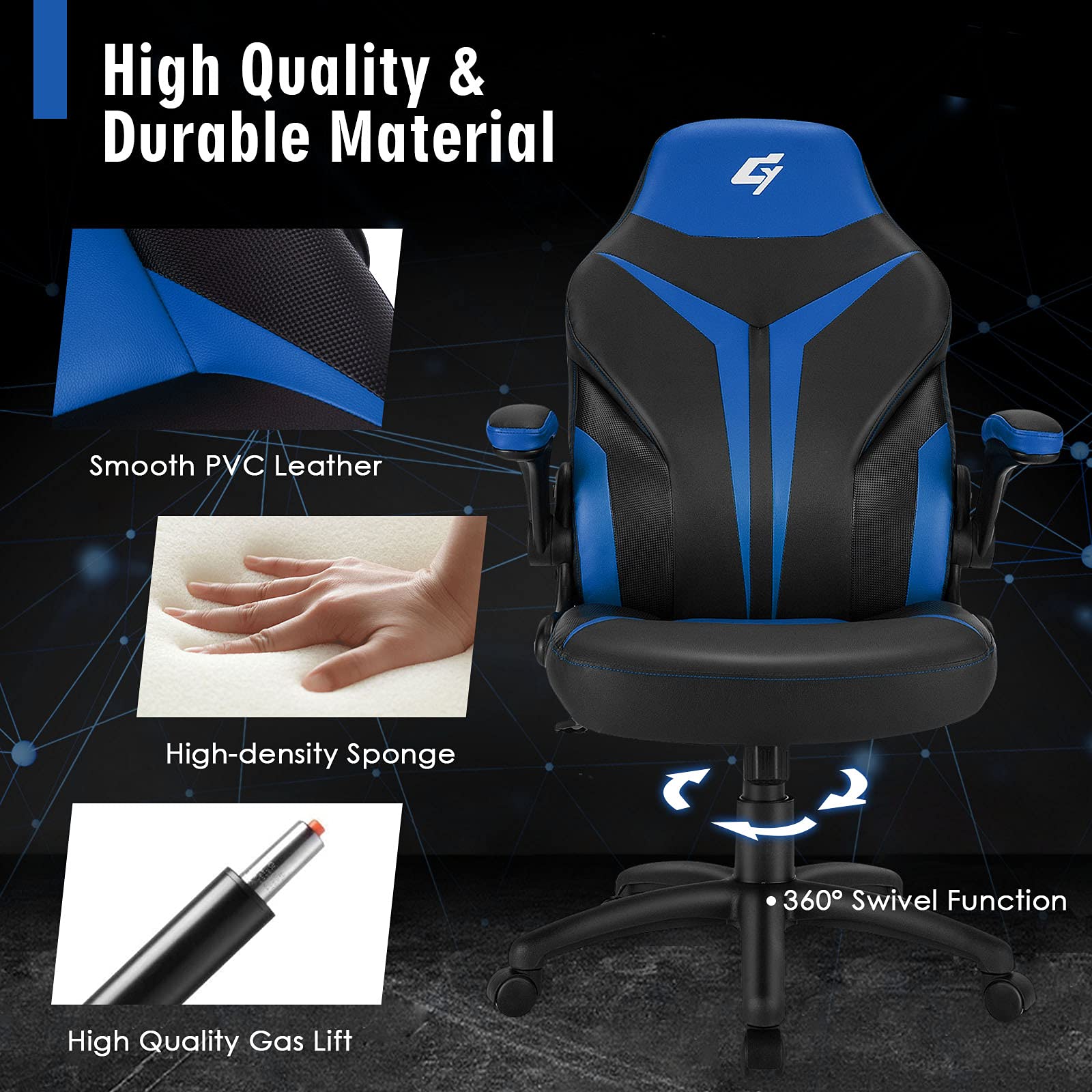 GYMAX Ergonomic High Back Office Chair - Adjustable Height Racing Style Gaming Chair with Padded Armrests, Comfortable Swivel Computer Task Chair for Home Office, Gaming & Theater Room (Blue) - Perfect for Long Work Sessions, Video Gaming & Home Entertainment