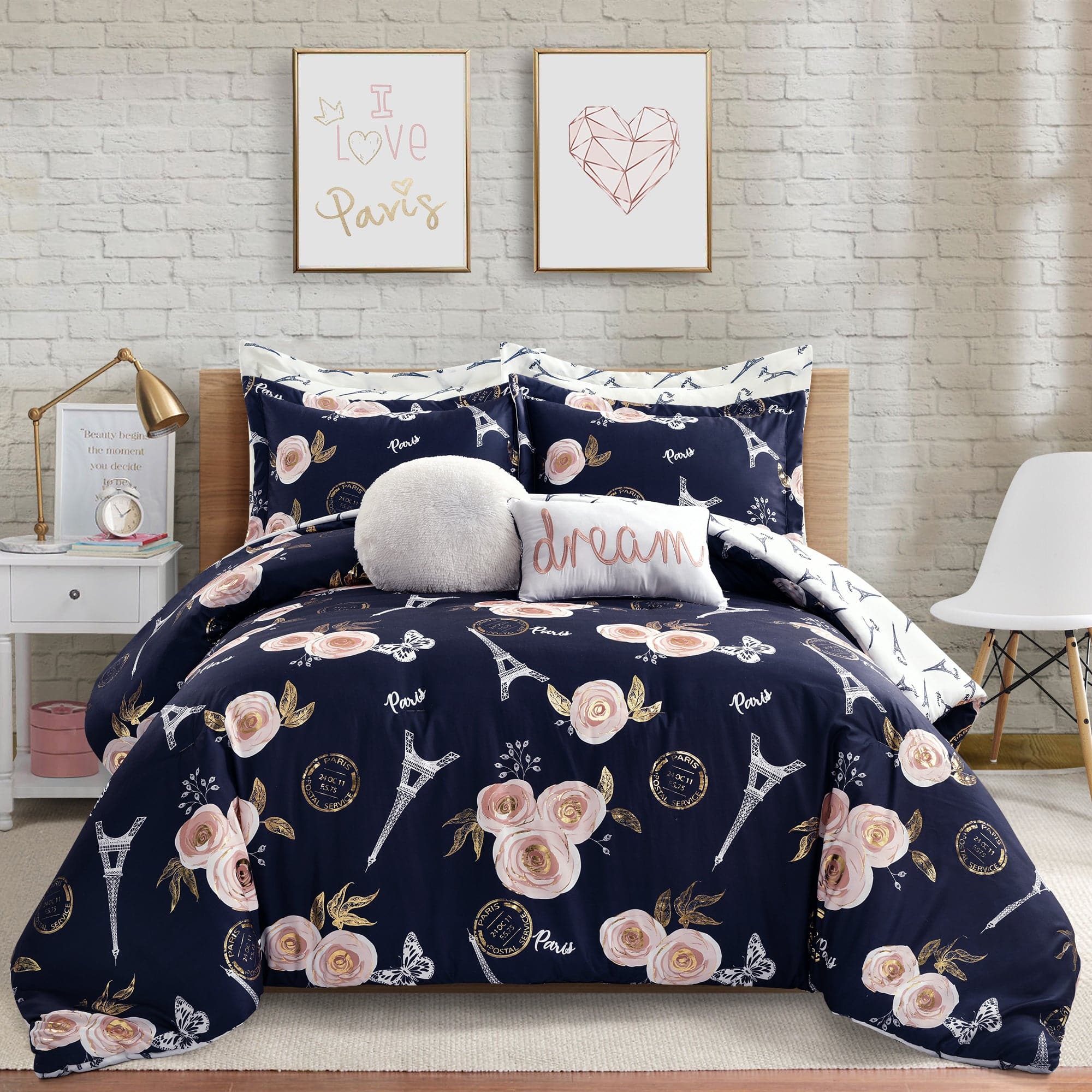 Vintage Paris Rose Butterfly Print Comforter Set - Queen Size Floral Bedding for Romantic Bedroom Decor, Perfect for Master Bedroom, Guest Room & Cozy Home Styling