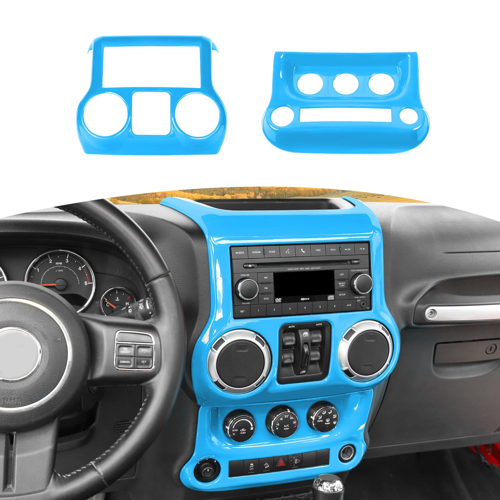 Jeep Wrangler JK Center Console Dashboard Panel & AC Control Panel Cover Trim (2011-2017) - Baby Blue Interior Accessories (2-Piece Set) | Perfect for Off-Roading, Daily Commuting & Interior Customization