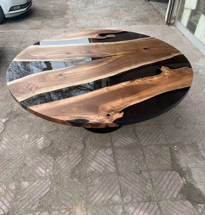 Handmade Round Epoxy Resin Table with Natural Walnut Wood Tulip Base - Modern Coffee Table for Living Room, Office & Dining Area
