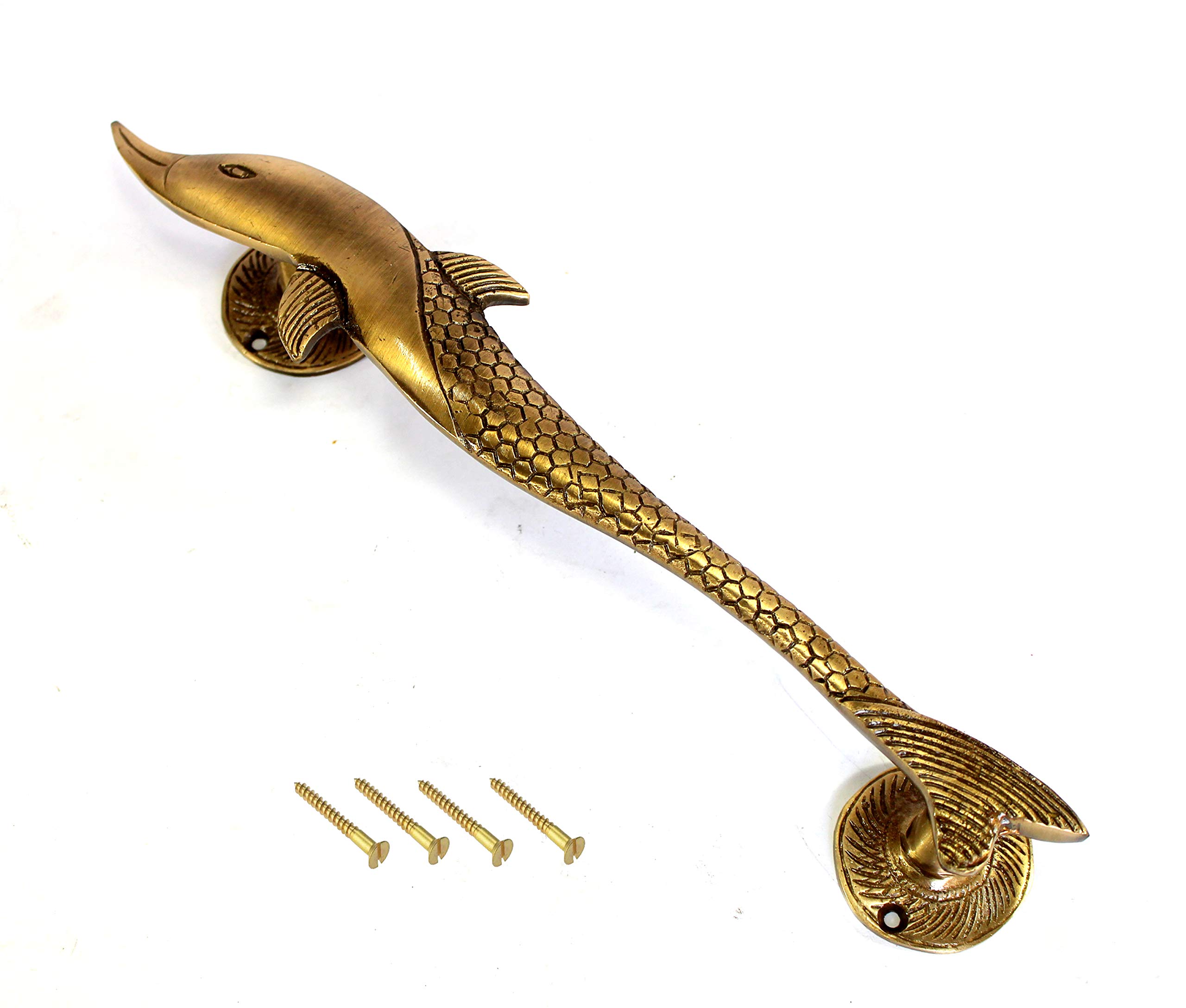 eSplanade 12-Inch Dolphin Design Solid Brass Door Handle - Single Piece for Home & Door Decor | Vintage Brass Door Pulls & Knobs | Perfect for Coastal, Nautical, or Beach-Themed Interiors