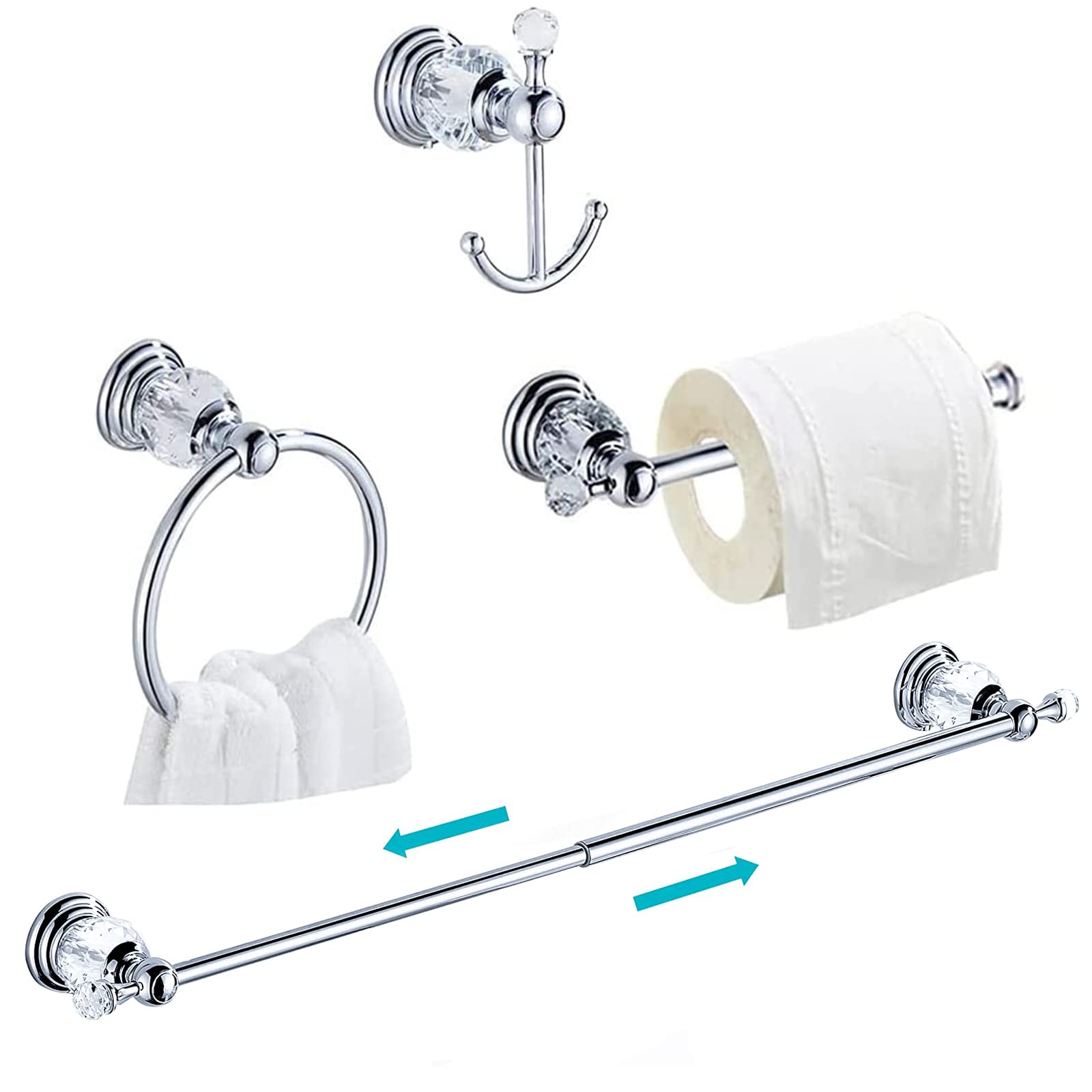Leyden Chrome Bathroom Hardware Set - 4 Piece Polished Silver Towel Ring, Towel Bar, Toilet Paper Holder & Coat Hooks with Crystal Ball Base - Modern Bathroom Accessories for Wall Mounting | Perfect for Guest Bathrooms, Master Suites & Powder Rooms