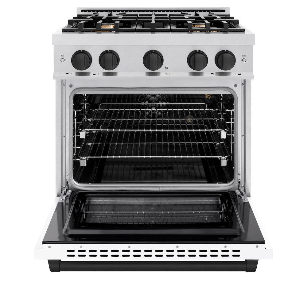 ZLINE Autograph Edition 30 Inch 4.2 Cu Ft Gas Range with 4 Burner Cooktop & Convection Oven - Satin Stainless Steel with White Matte Door & Black Accents (HGRSZ WM 30 MB) | Professional Kitchen Appliance for Home Chefs & Cooking Enthusiasts