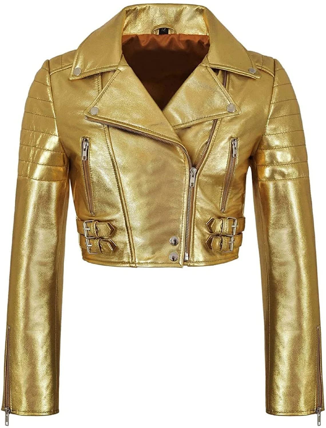 Genuine Leather Jacket for Women - Slim Fit Short Biker Jacket, Party & Pub Outwear, Bright Gold Color, XXX-Large | Perfect for Nightlife, Date Nights & Casual Street Style