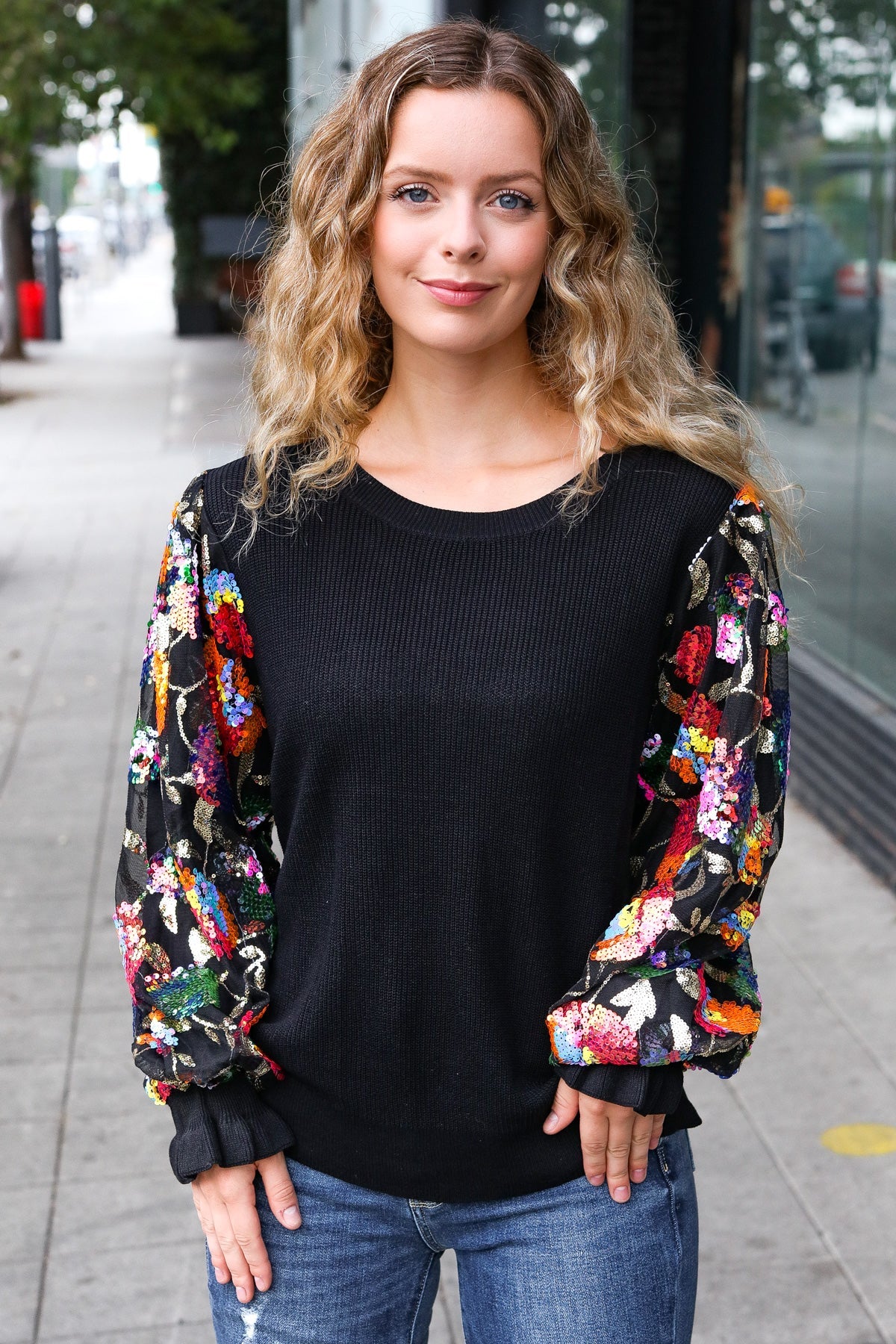 Diva Dreams Black Floral Sequin Mesh Sleeve Rib Knit Top for Women | Elegant Party Blouse | Perfect for Night Out, Date Night & Special Occasions