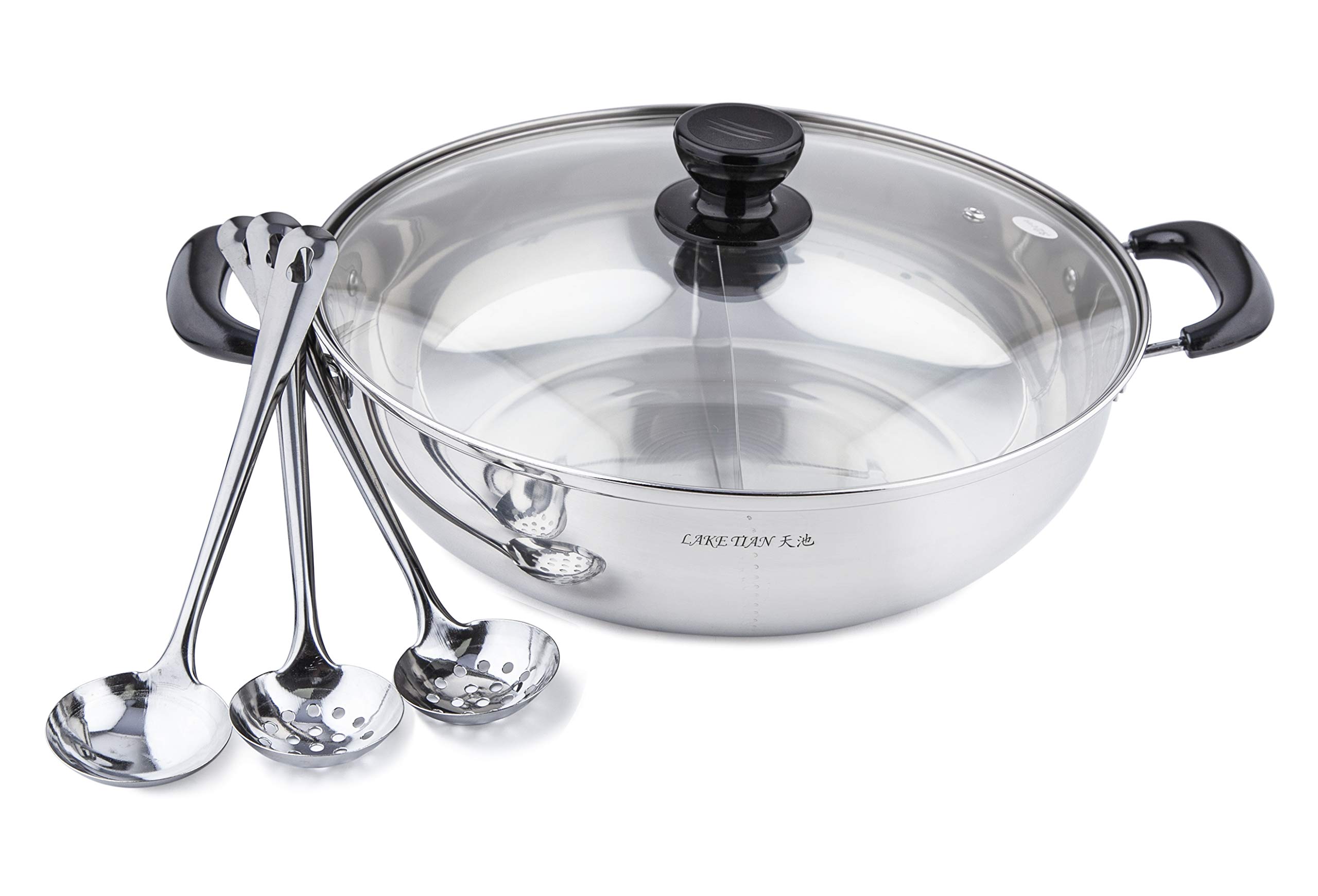 Premium Stainless Steel Shabu Shabu Hot Pot - 12 Inch (30 cm) Dual-Sided Yin Yang Pot with Divider & 3 Serving Spoons - Perfect for Asian Hot Pot, Fondue & Family Gatherings