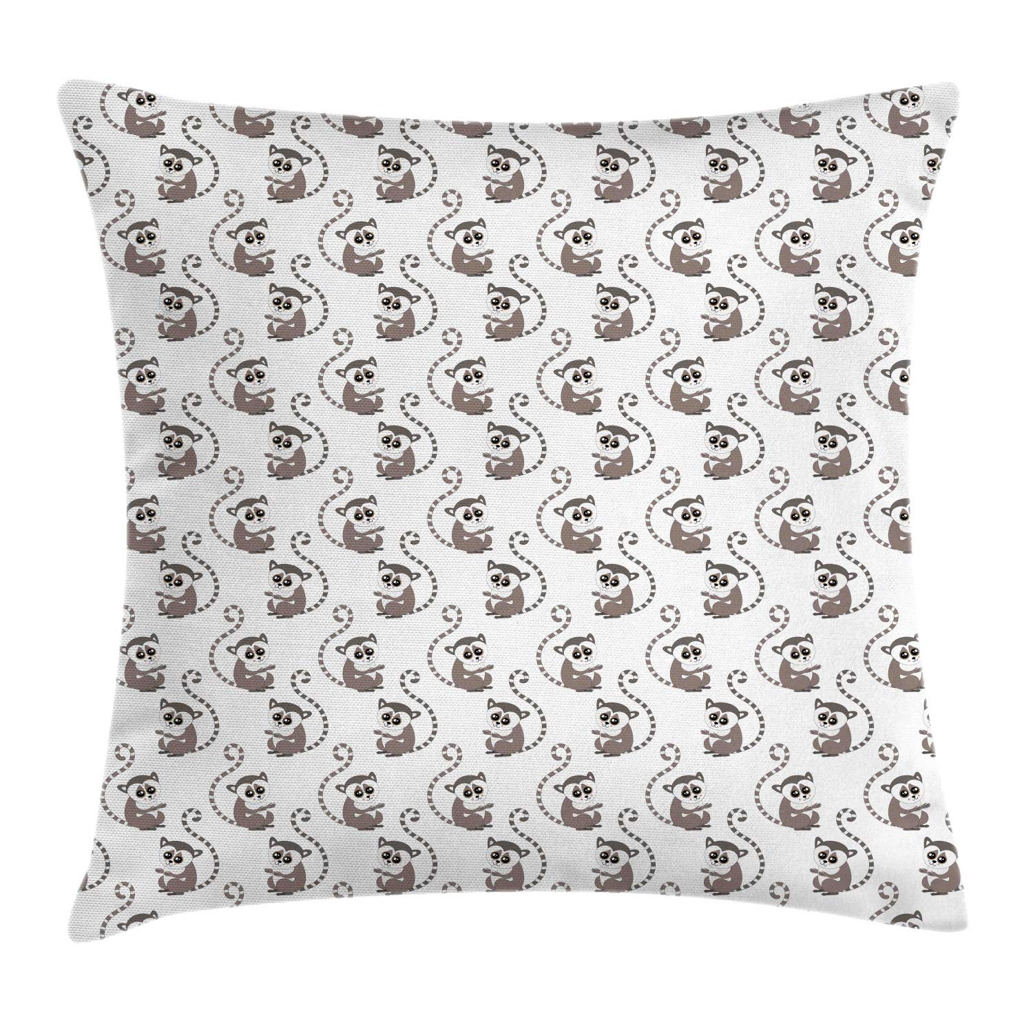 Ambesonne Lemur Throw Pillow Cover 36x36 Inches - Funny Ring-Tailed Lemur Cartoon Pattern Decorative Square Cushion Case in Warm Taupe Blush White - Perfect for Living Room, Bedroom, or Nursery Decor