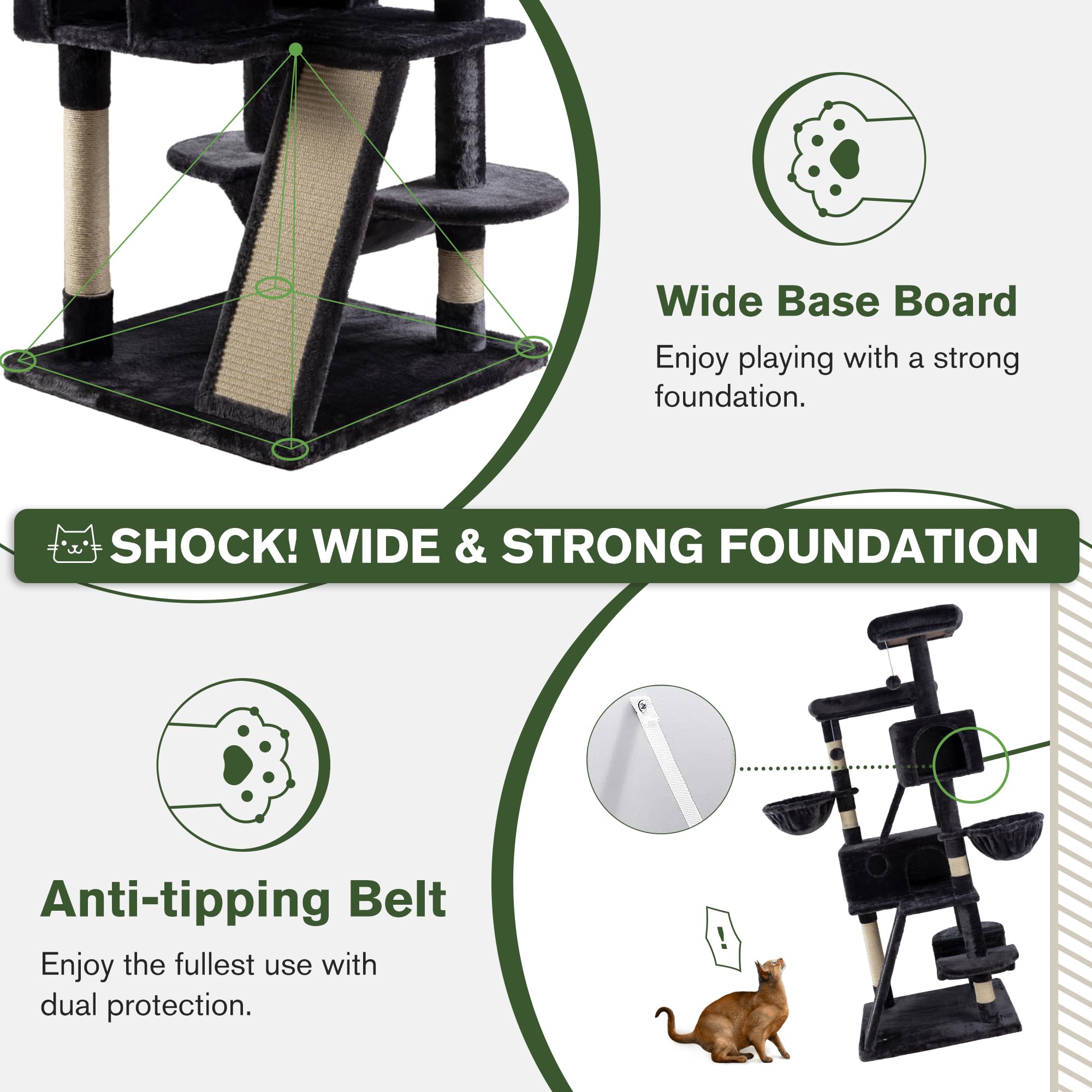 66 Inches Multi-Level Large Cat Tree Tower for Indoor Big Cats - Cozy Plush Perches, Condo, Sisal Scratching Posts, Hammock & Baskets - Activity Center Play House with Wide Base (Dark Grey) - Perfect for Play, Rest & Scratching in Living Rooms & Pet Spaces