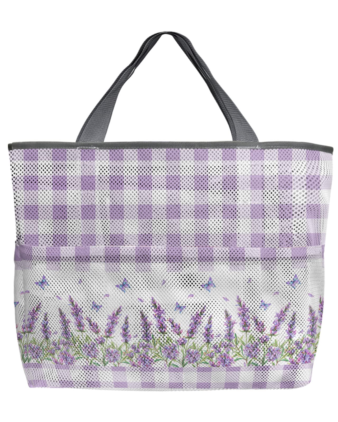 Large 60L Mesh Beach Tote Bag - Purple Lavender Spring Floral Print, Oversized Foldable Lightweight Pool Bag with Pockets (24x16x9 inches) | Perfect for Beach, Pool, Grocery Shopping & Farmhouse Storage