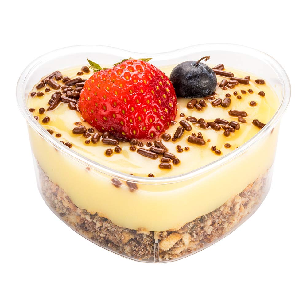 100-Pack 4.7oz Disposable Heart-Shaped Plastic Dessert Containers - Mini Clear Appetizer Cups for Parties, Catering & Bakery Use | Durable BPA-Free Restaurantware for Candy, Snacks, Ice Cream & Small Treats