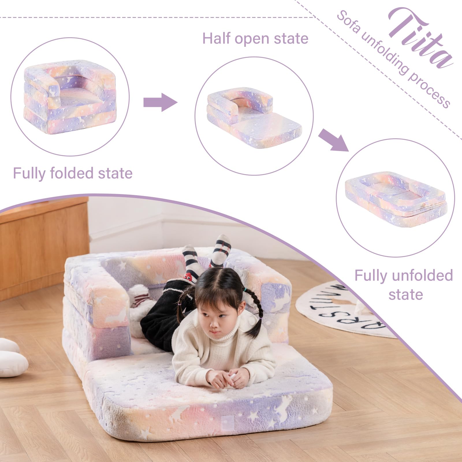 Tiita 3-in-1 Convertible Kids Sofa Bed - Plush Toddler Chair & Portable Travel Bed with Washable Cover & Carrying Handle - Perfect for Nursery, Playroom & Travel - Gift for Boys & Girls