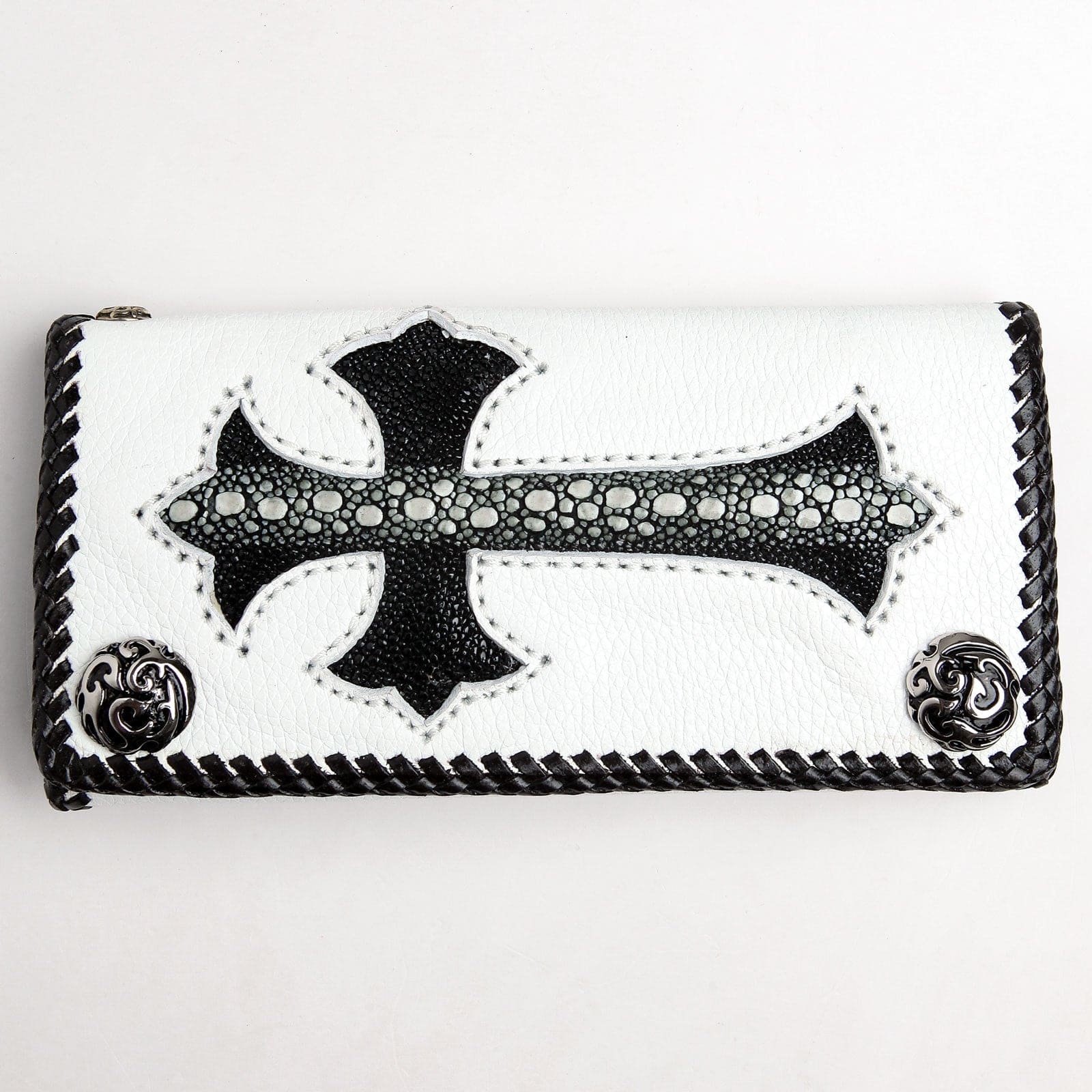 Stingray Cross Carved Genuine White Leather Biker Wallet for Men - Stylish RFID Blocking Motorcycle Wallet with Money Clip (Perfect for Bikers, Travel & Everyday Use)