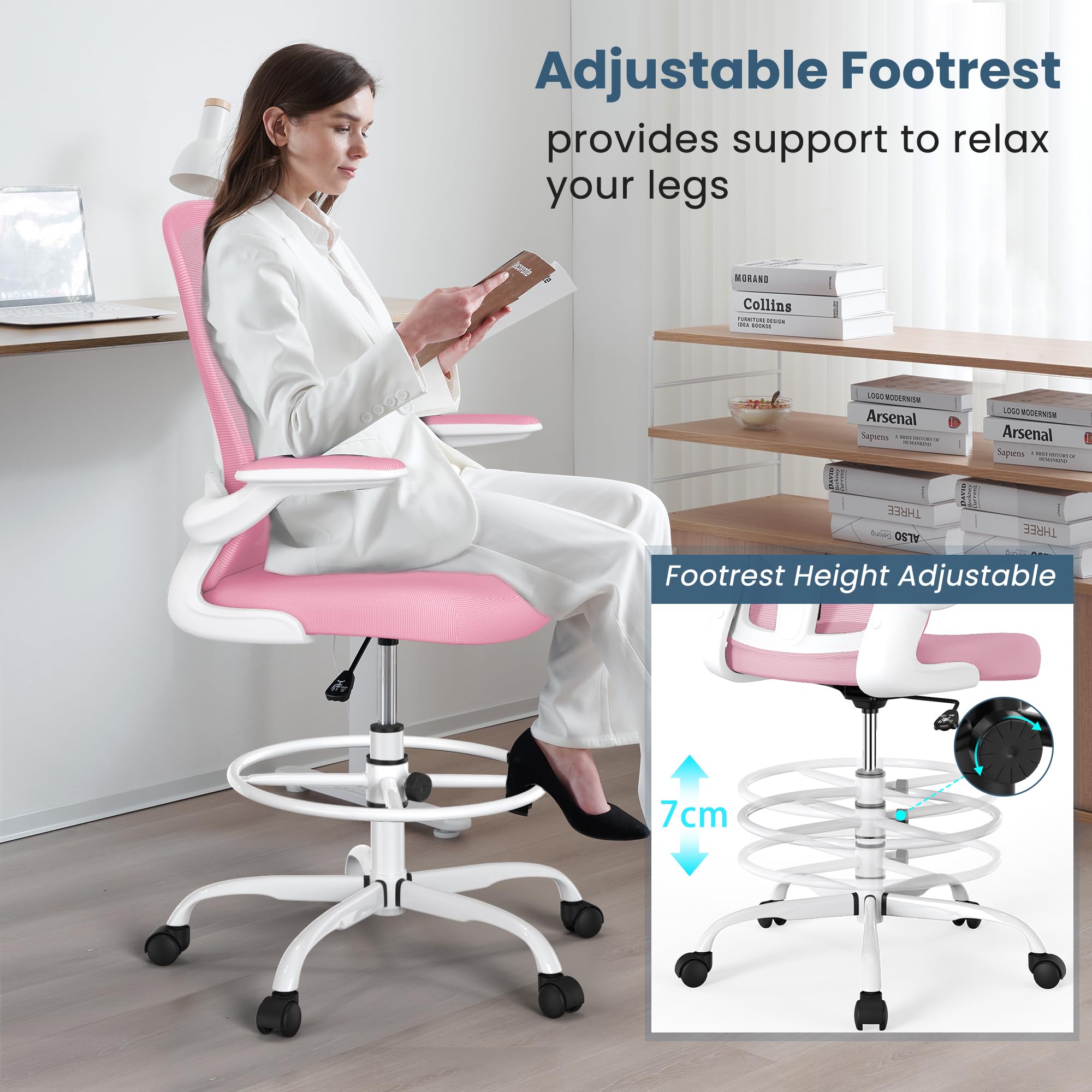 Ergonomic Drafting Chair with Flip-Up Armrests & Adjustable Footrest - Tall Office Chair for Standing Desks - Executive Computer Chair with Lumbar Support - Perfect for Architects, Designers & Home Office Workspaces