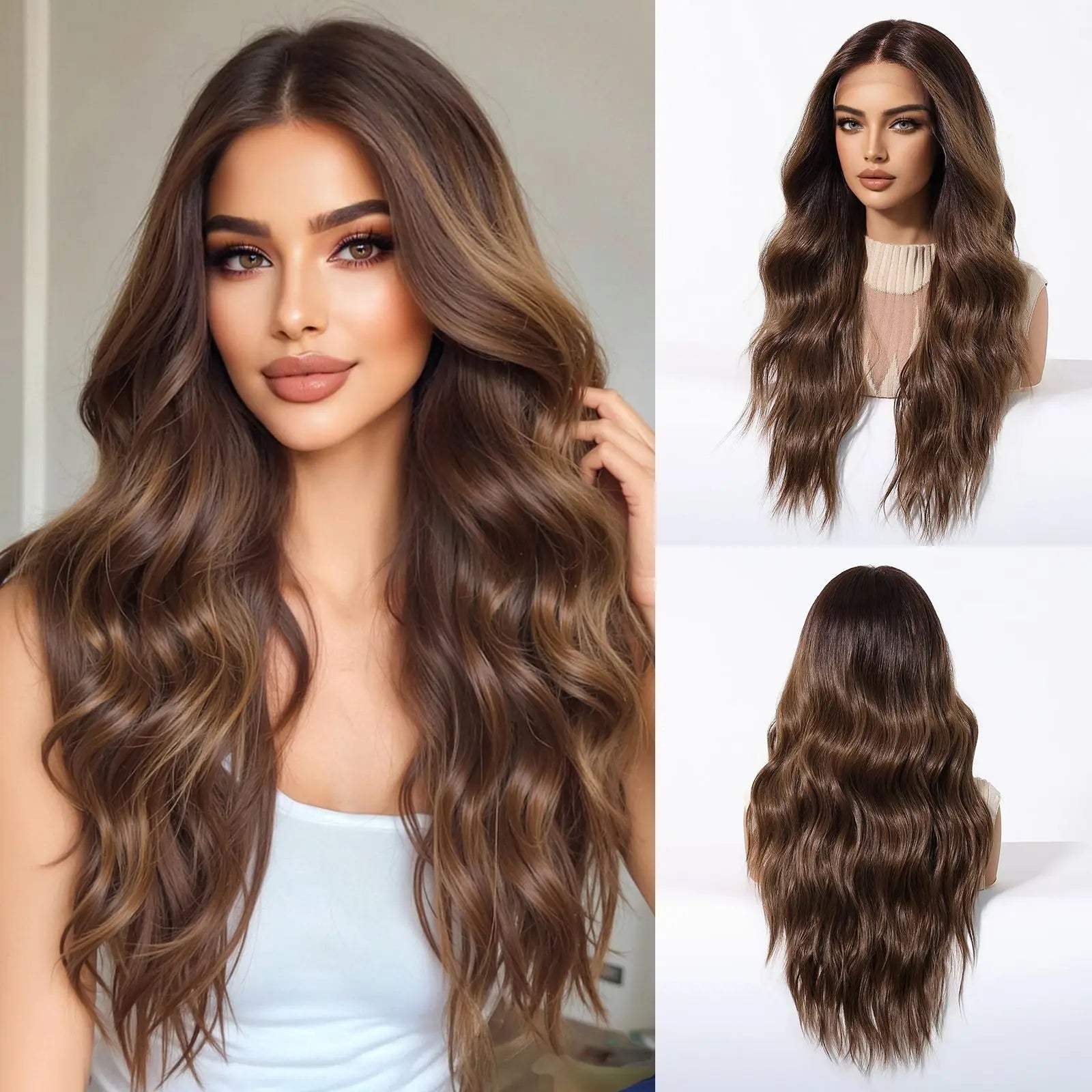 Long Brown Blonde Highlight Synthetic Hair Wig for Women - Natural Looking Straight Shoulder Length Cosplay Costume Party Daily Wear