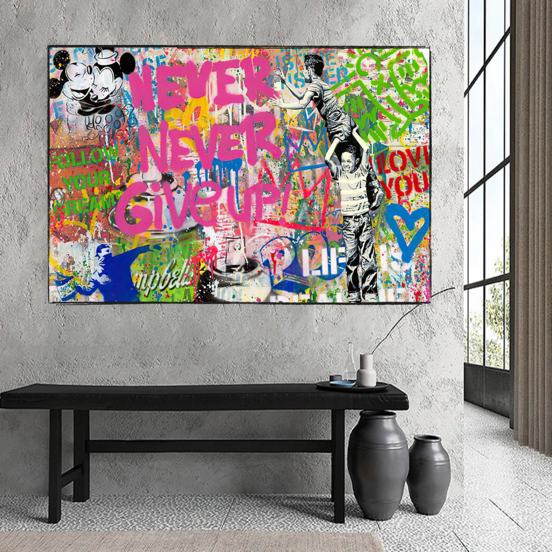 Banksy Never Give Up Canvas Wall Art Print - Inspirational Street Art Poster for Home, Office & Gift Decor