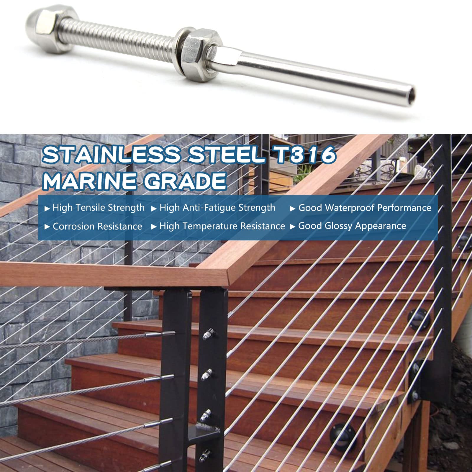 Stainless Steel Cable Railing Hardware Kit - 60 PCS T316 Swage Tensioners & Threaded Stud Fittings for 1/8
