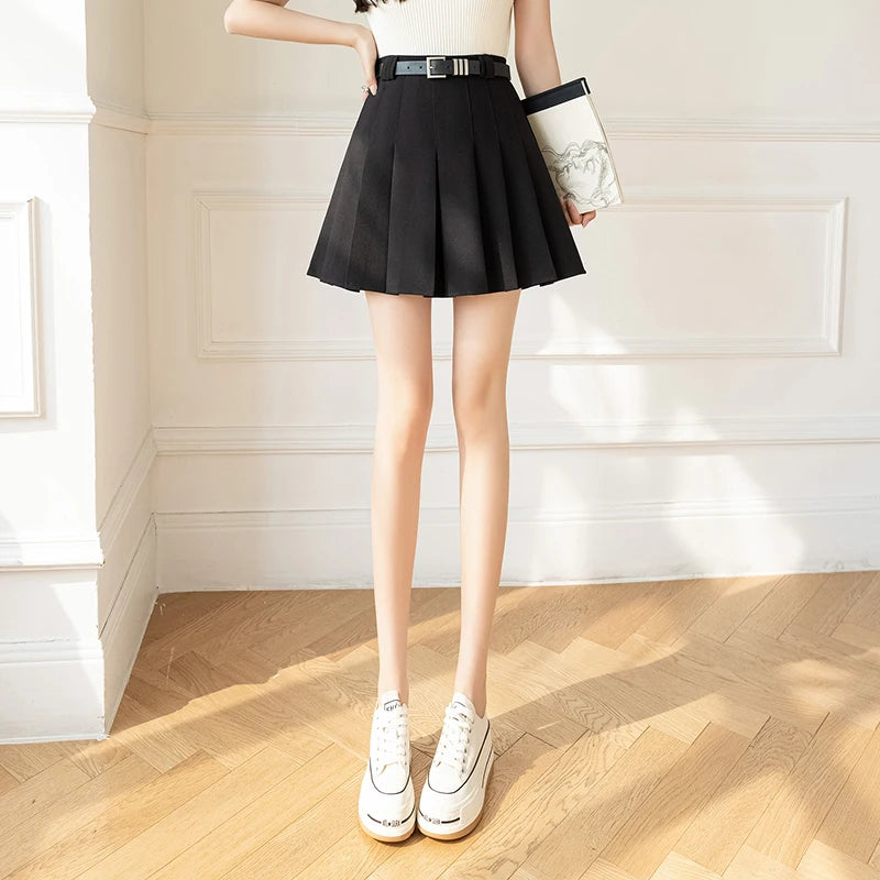 Stylish Black Pleated High Waist Mini Skirt for Women - Summer A-Line Slim Fit Belted Skirt in Grey & Khaki | Perfect for Casual Outings, Date Nights & Office Wear