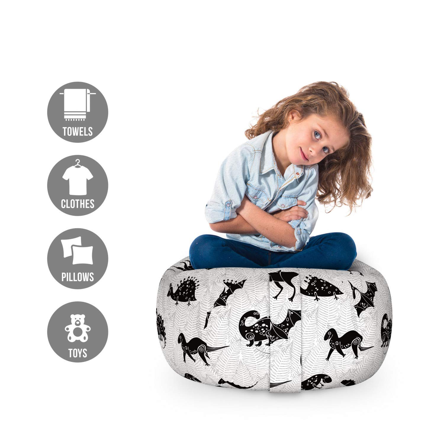 Dinosaur Toy Storage Bag Chair - Washable Stuffed Animal Organizer with Abstract Jurassic Dino Silhouette Design, Charcoal Grey - Perfect for Kids' Room, Playroom & Nursery Organization
