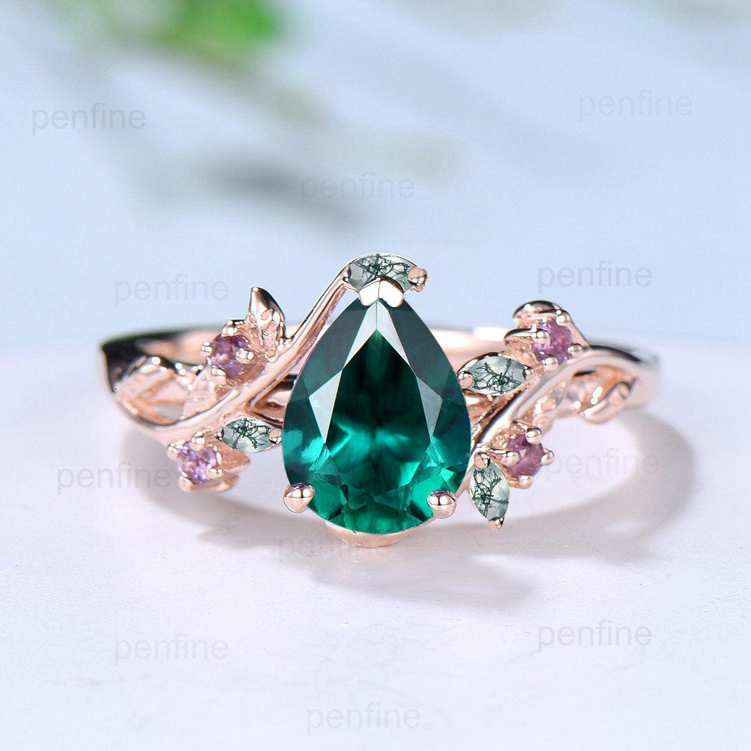 Lab Created Emerald Ring - Vintage Twig Pear Shaped Engagement Ring with Leaf Amethyst & Marquise Moss Agate - Nature Inspired Wedding Branch Ring for Boho Brides, Nature Lovers & Outdoor Ceremonies
