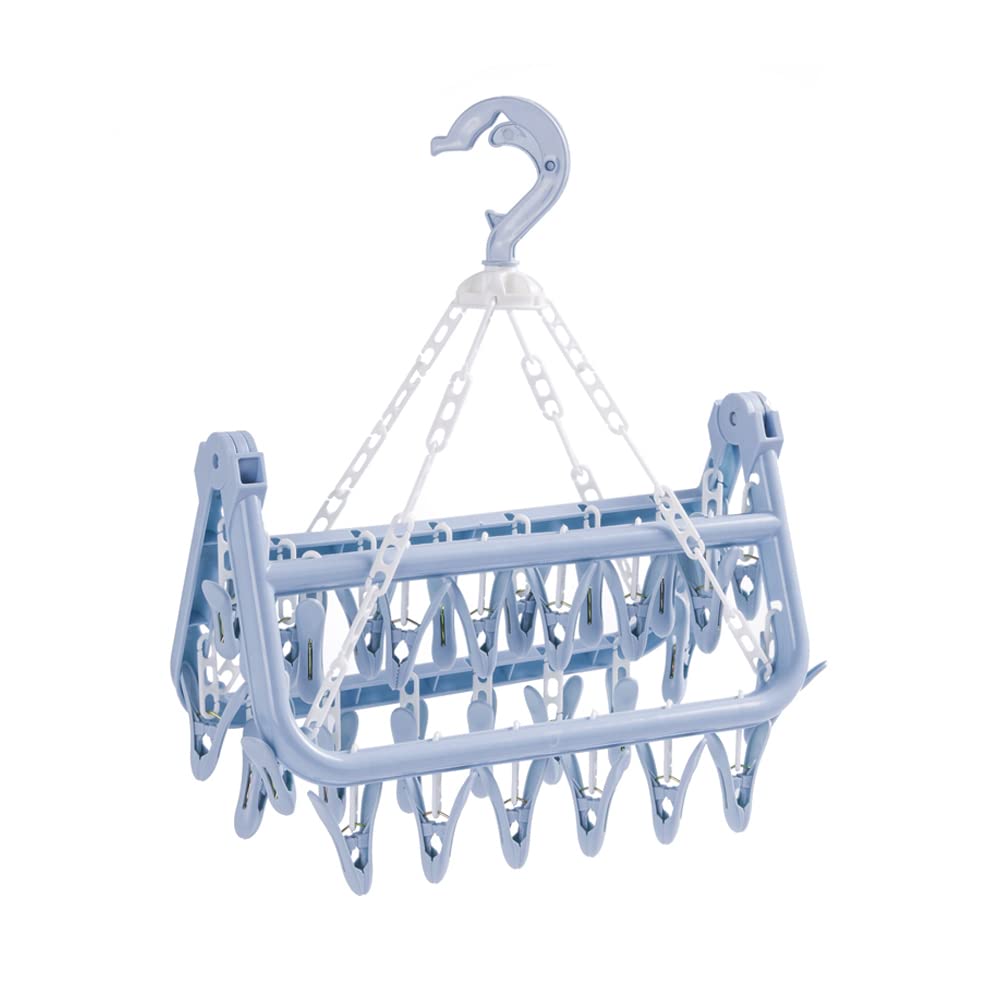 SteelFever 32-Clip Foldable Clothes Drying Rack - Space Saving Laundry Hanger for Shirts, Underwear, Socks & Delicates (Nordic Blue) | Perfect for Small Apartments, Dorms & Travel