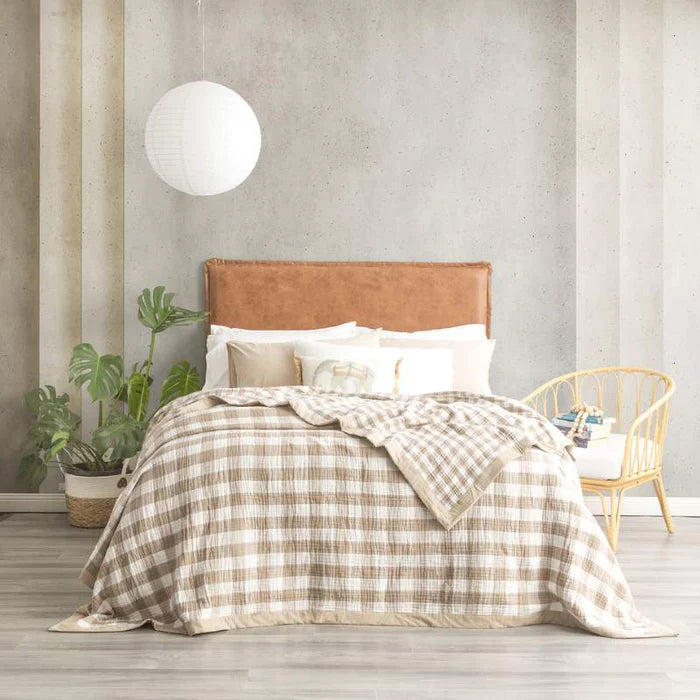 Soft & Cozy Gingham Washed Cotton Textured Throw Blanket in Tan - Lightweight Bedspread for Sofa, Bed, or Outdoor Picnics | By Renee Taylor