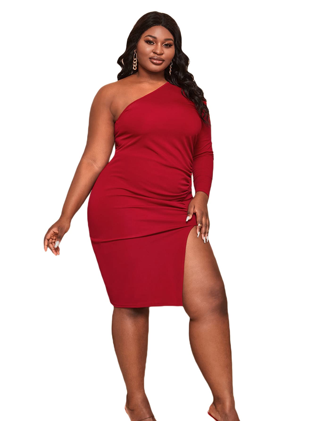 WDIRARA Women's Plus Size One Shoulder Split Thigh Long Sleeve Ruched Bodycon Dress for Evening Party, Cocktail, Night Out, Date Night, Special Occasions