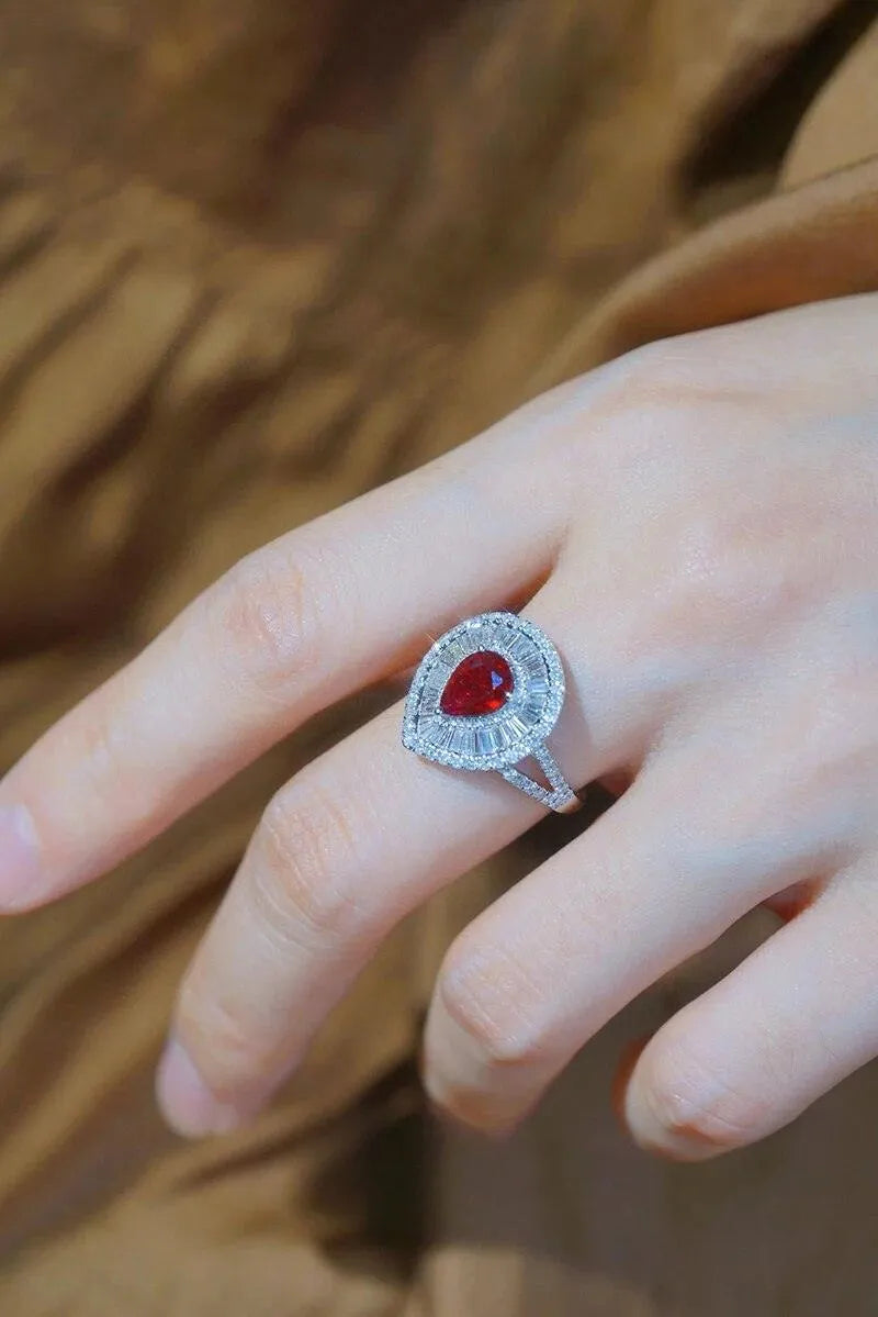 18K White Gold Natural Ruby and Diamond Ring for Women - Luxury Water Drop Design Jewelry for Senior Banquets, Weddings & Special Occasions