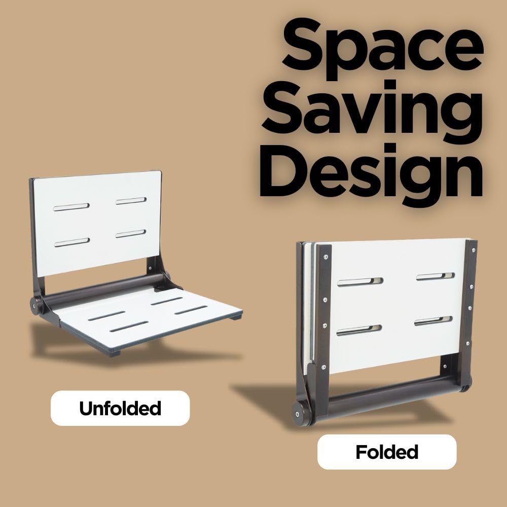 **Foldable Shower Seat with Backrest - ADA Compliant Wall Mount Bathroom Bench for Adults, Seniors & Disabled - Heavy Duty 500 lbs Capacity - White Phenolic Resin & 304 Stainless Steel - Oil Rubbed Bronze Finish (26