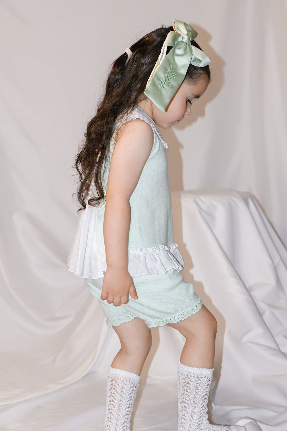Keke Mint Plumeti Dot Bow Knit Blouse & Shorts Set - Women's Floral Print Summer Outfit for Casual Wear, Beach Vacation, and Date Night