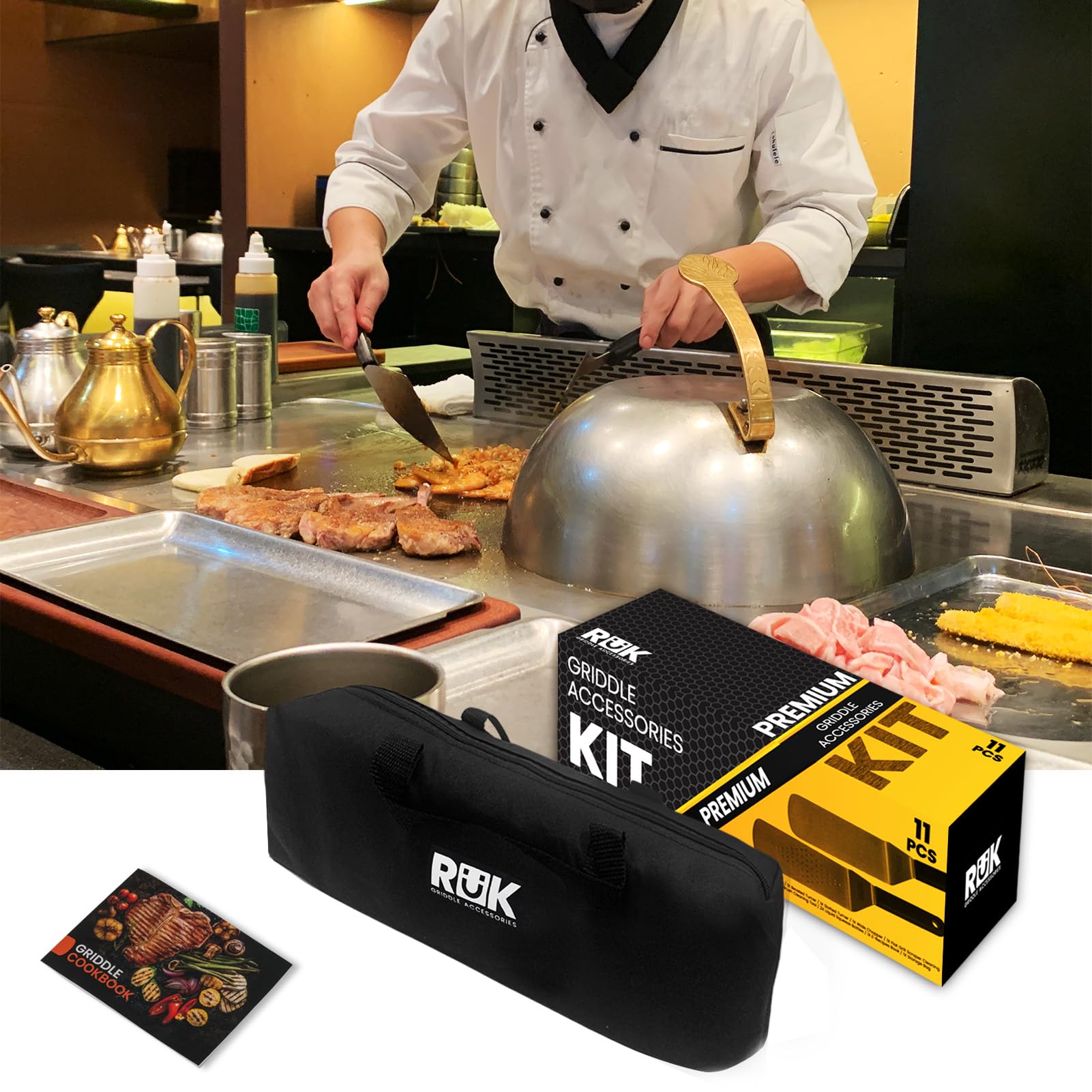 Blackstone Griddle Accessories Kit - 11-Piece Flat Top Griddle Set with Heat-Resistant Long Handle Spatula, Scraper & Cleaning Tools + Free E-Cookbook | Compatible with Blackstone & Camp Chef Griddles | Perfect for Outdoor Cooking, Camping & Backyard BBQs