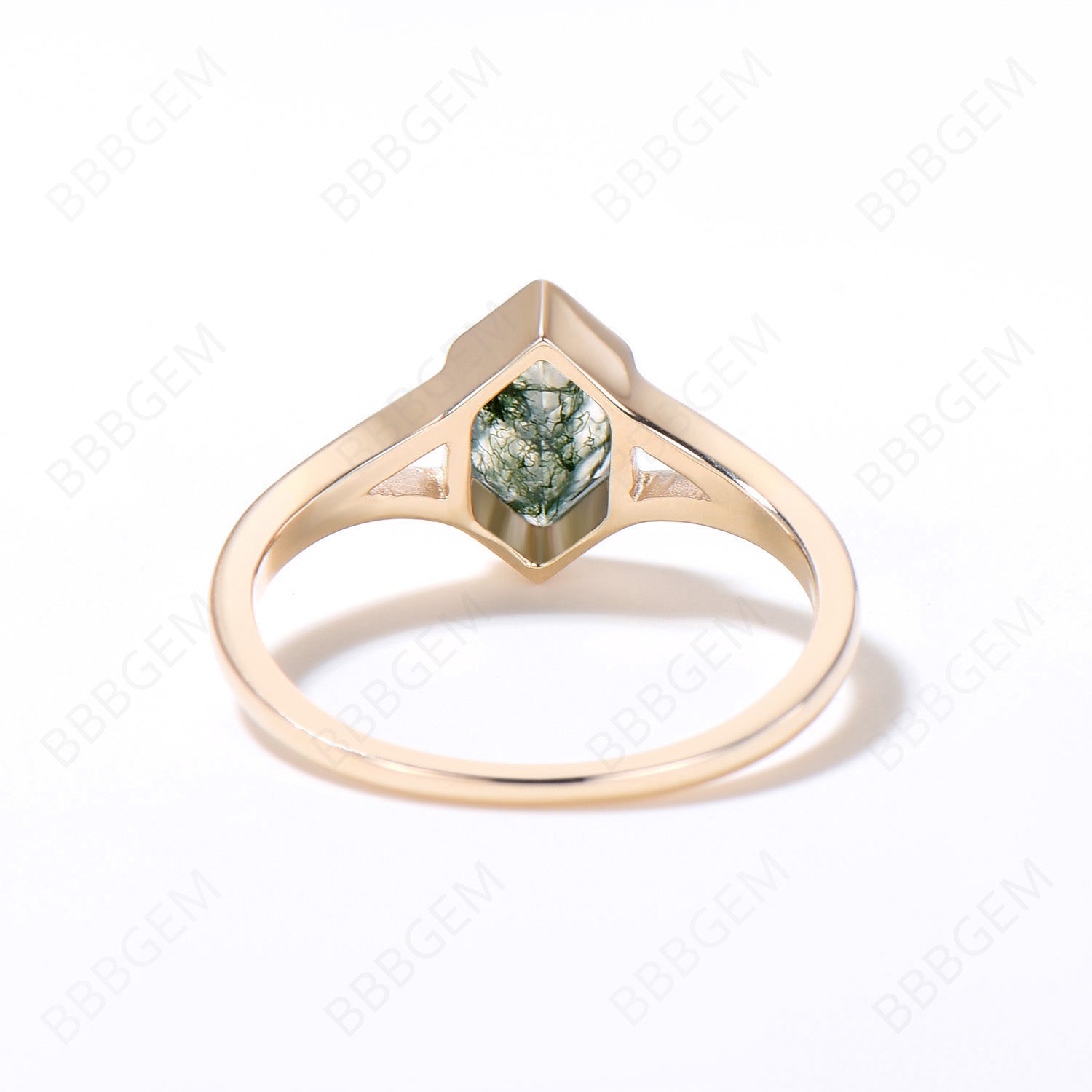 14K Solid Gold Hexagon Cut Natural Moss Agate Solitaire Ring - Art Deco Split Shank Bezel Set Promise Ring for Women | Green Agate Jewelry for Engagement, Anniversary & Special Occasions