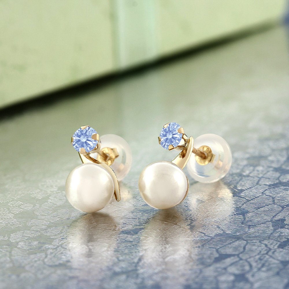 14K Yellow Gold 5MM Cultured Freshwater Pearl & 3MM Round Birthstone Gemstone Earrings for Women | Elegant Dangle Earrings for Weddings, Parties & Everyday Wear | Gem Stone King