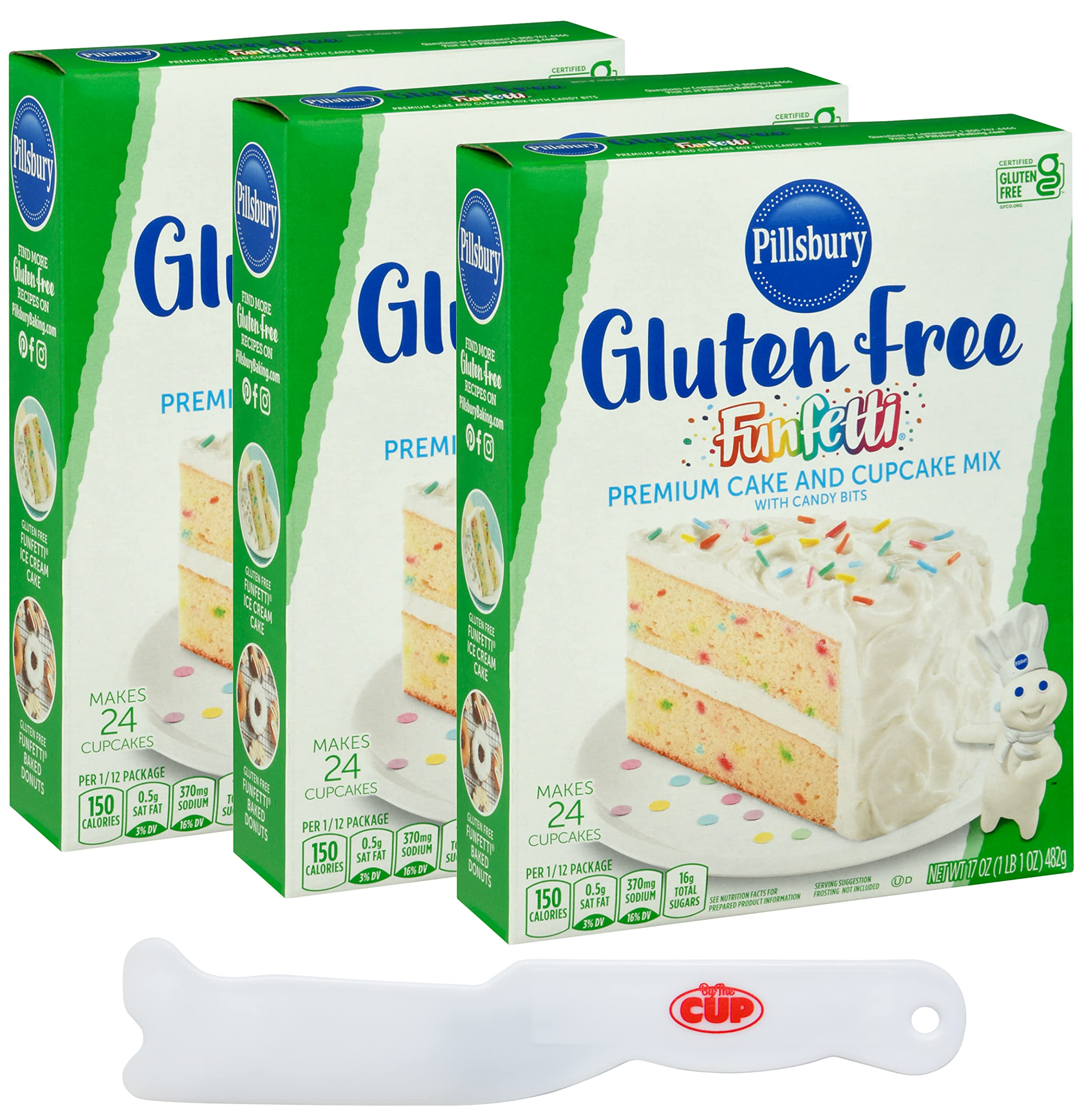 **Pillsbury Funfetti Gluten Free Cake Mix & Cupcake Mix with Candy Bits (3-Pack) – Includes By The Cup Frosting Spreader – Perfect for Birthday Parties, Baby Showers & Holiday Baking**