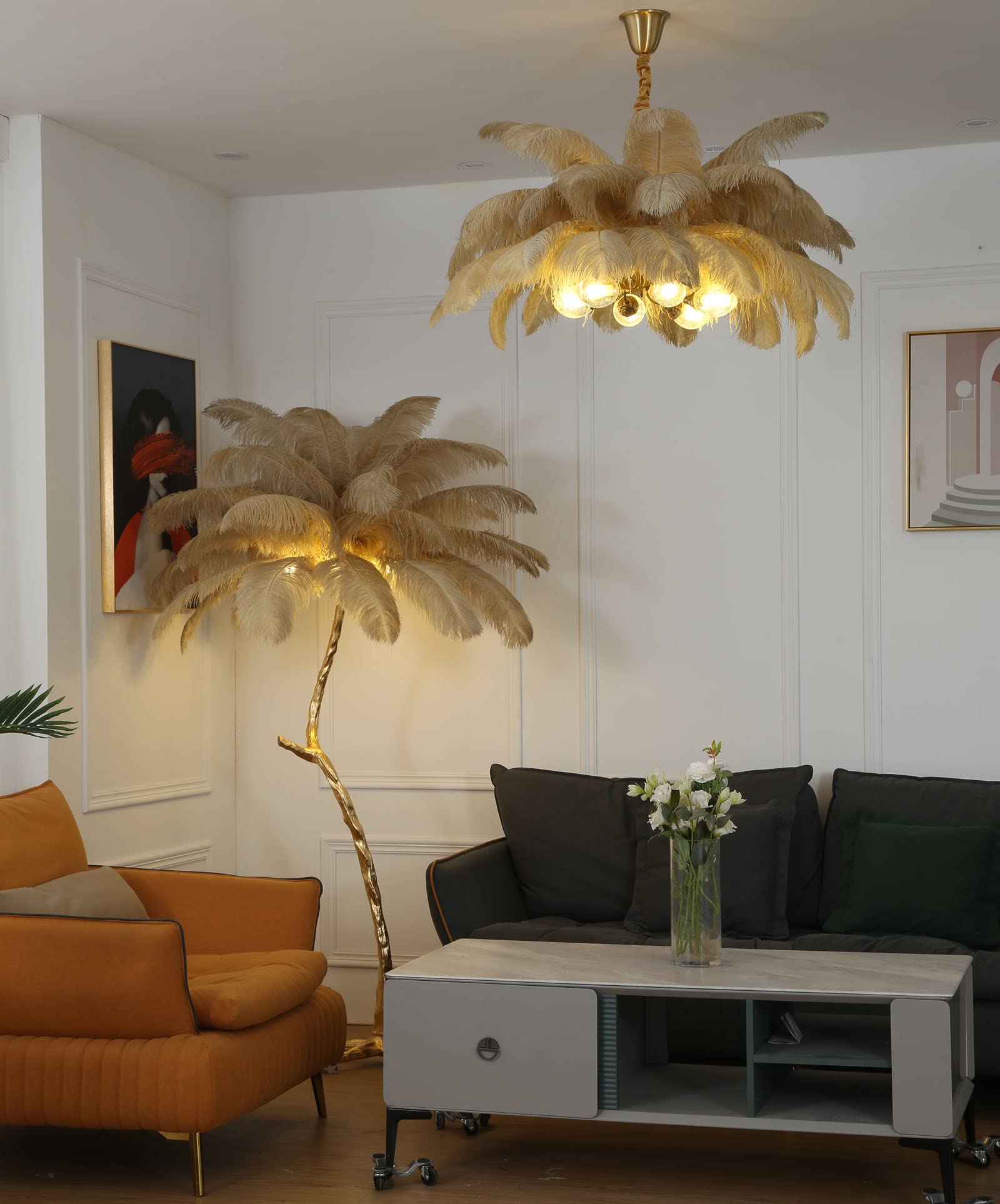 Modern Luxury Real Ostrich Feather Gold Floor Lamp - 63